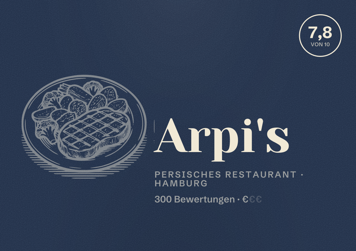 Illustriertes Poster von Arpi's, Persisches Restaurant in Hamburg: Bewertung 7,8 von 10 aus 300 Bewertungen, Preisniveau €