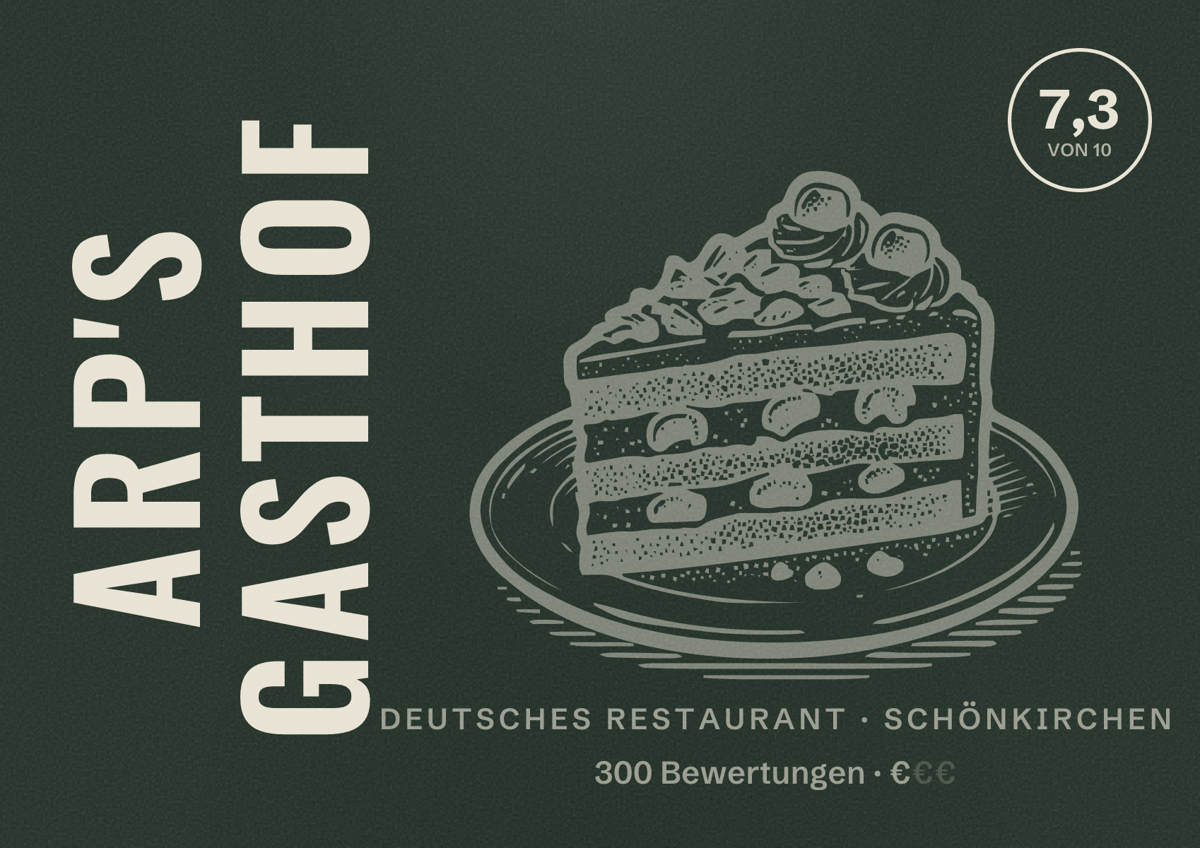 Illustriertes Poster von Arp's Gasthof, Deutsches Restaurant in Schönkirchen: Bewertung 7,3 von 10 aus 300 Bewertungen, Preisniveau €