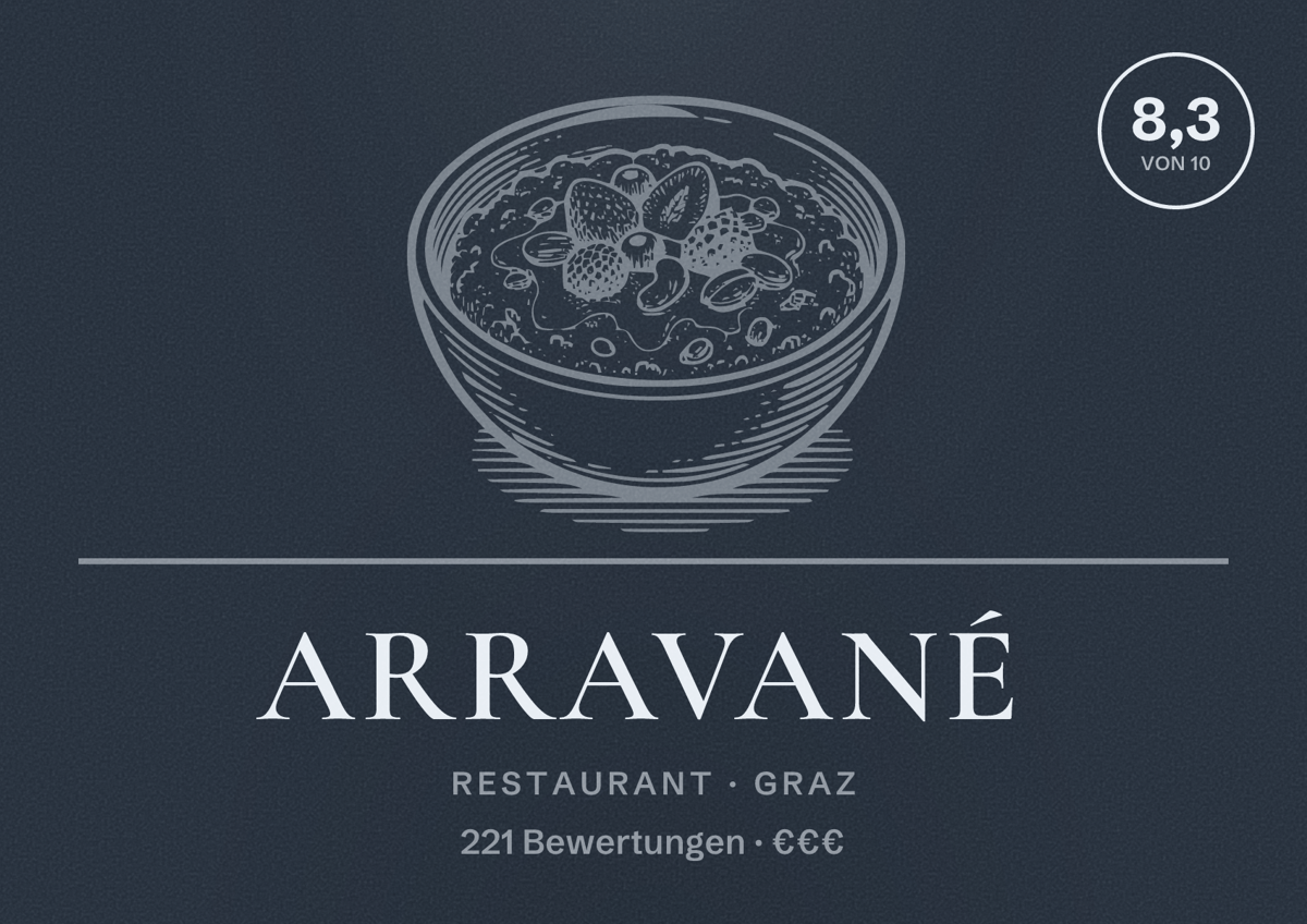 Illustriertes Poster von Arravané, Restaurant in Graz: Bewertung 8,3 von 10 aus 221 Bewertungen, Preisniveau €€€