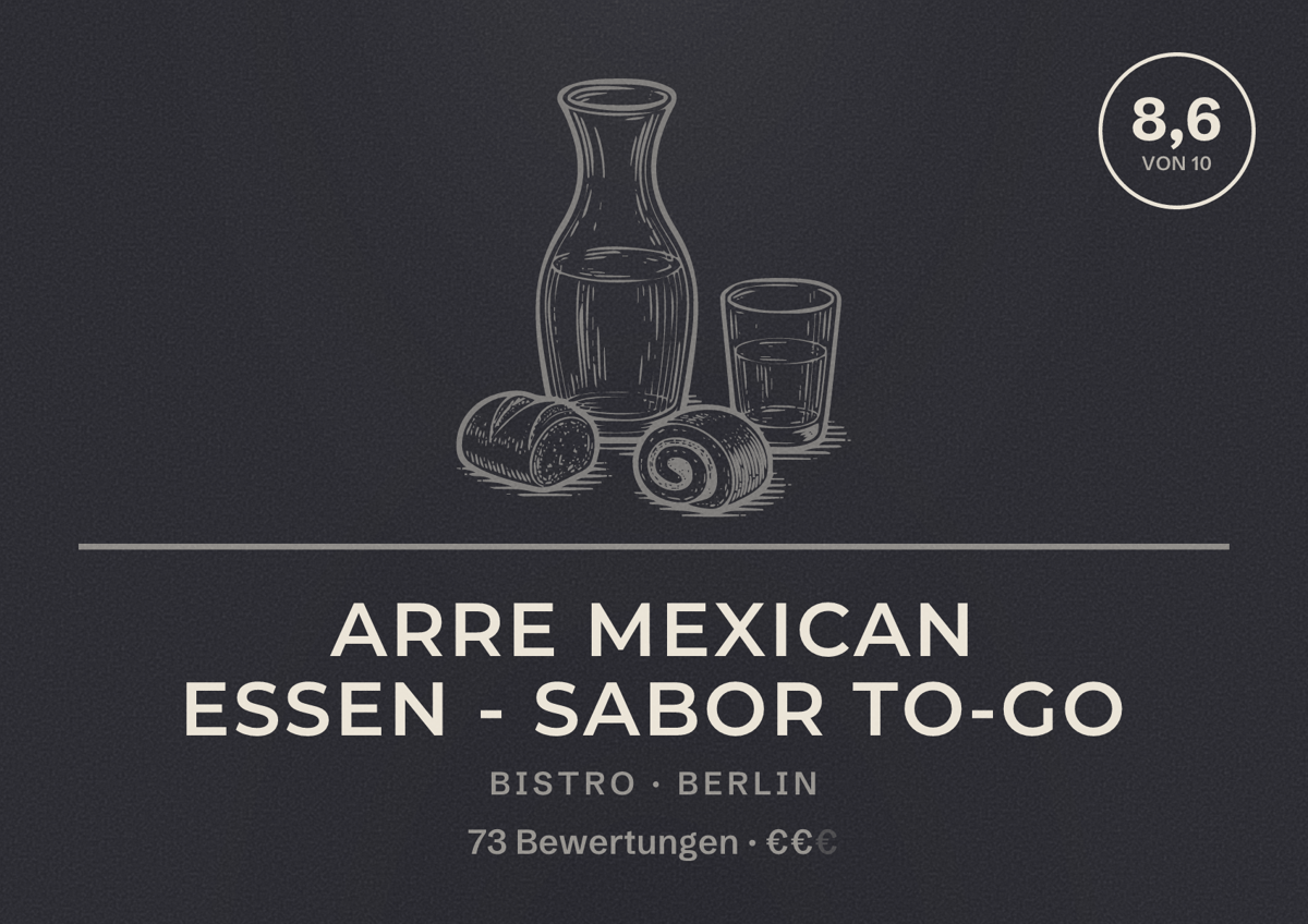 Illustriertes Poster von Arre Mexican Essen - Sabor To-Go, Bistro in Berlin: Bewertung 8,6 von 10 aus 73 Bewertungen, Preisniveau €€