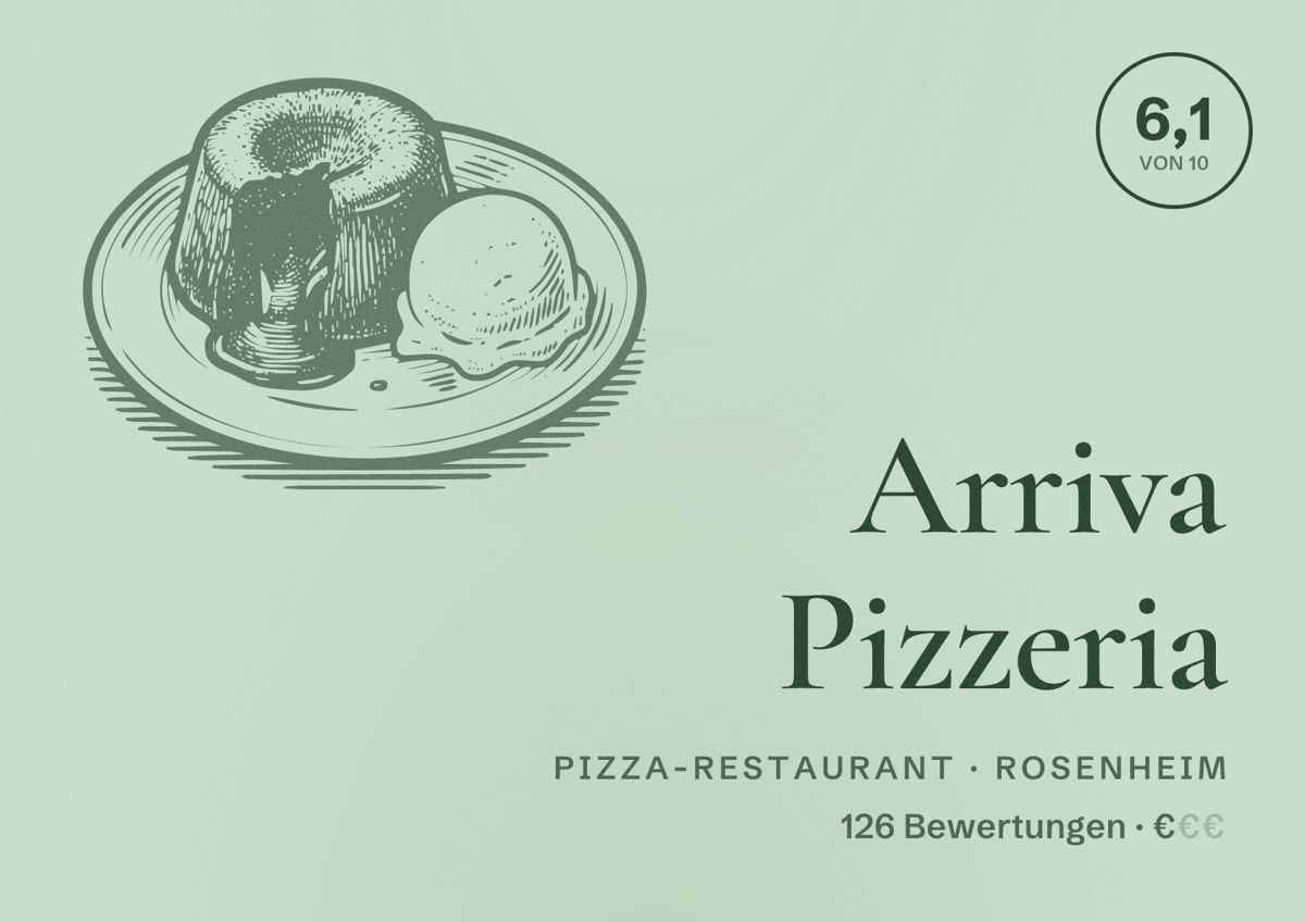 Illustriertes Poster von Arriva Pizzeria, Pizza-Restaurant in Rosenheim: Bewertung 6,1 von 10 aus 126 Bewertungen, Preisniveau €