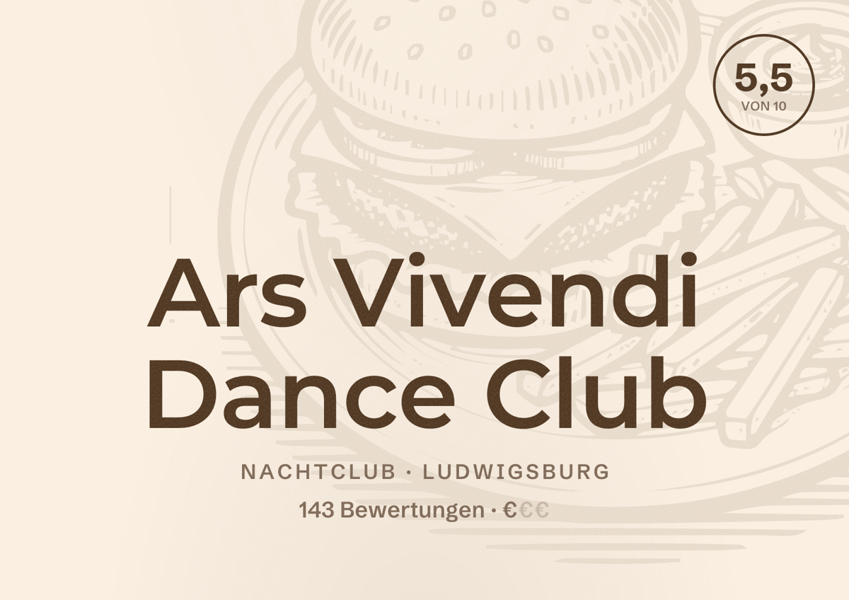Illustriertes Poster von Ars Vivendi Dance Club, Nachtclub in Ludwigsburg: Bewertung 5,5 von 10 aus 143 Bewertungen, Preisniveau €