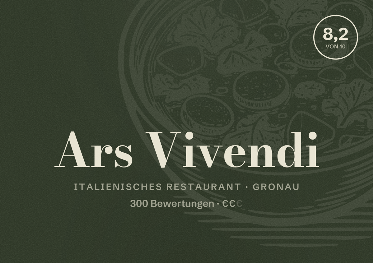 Illustriertes Poster von Ars Vivendi, Italienisches Restaurant in Gronau: Bewertung 8,2 von 10 aus 300 Bewertungen, Preisniveau €€