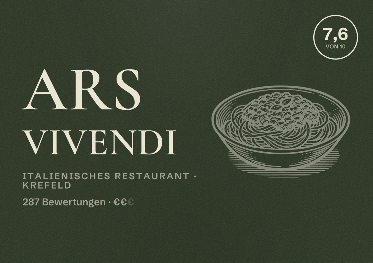 Illustriertes Poster von Ars Vivendi, Italienisches Restaurant in Krefeld: Bewertung 7,6 von 10 aus 287 Bewertungen, Preisniveau €€