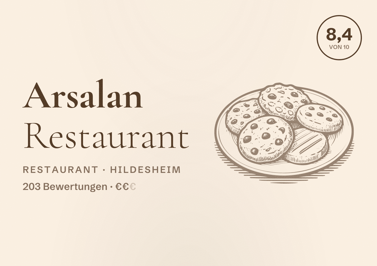 Illustriertes Poster von Arsalan Restaurant, Restaurant in Hildesheim: Bewertung 8,4 von 10 aus 203 Bewertungen, Preisniveau €€