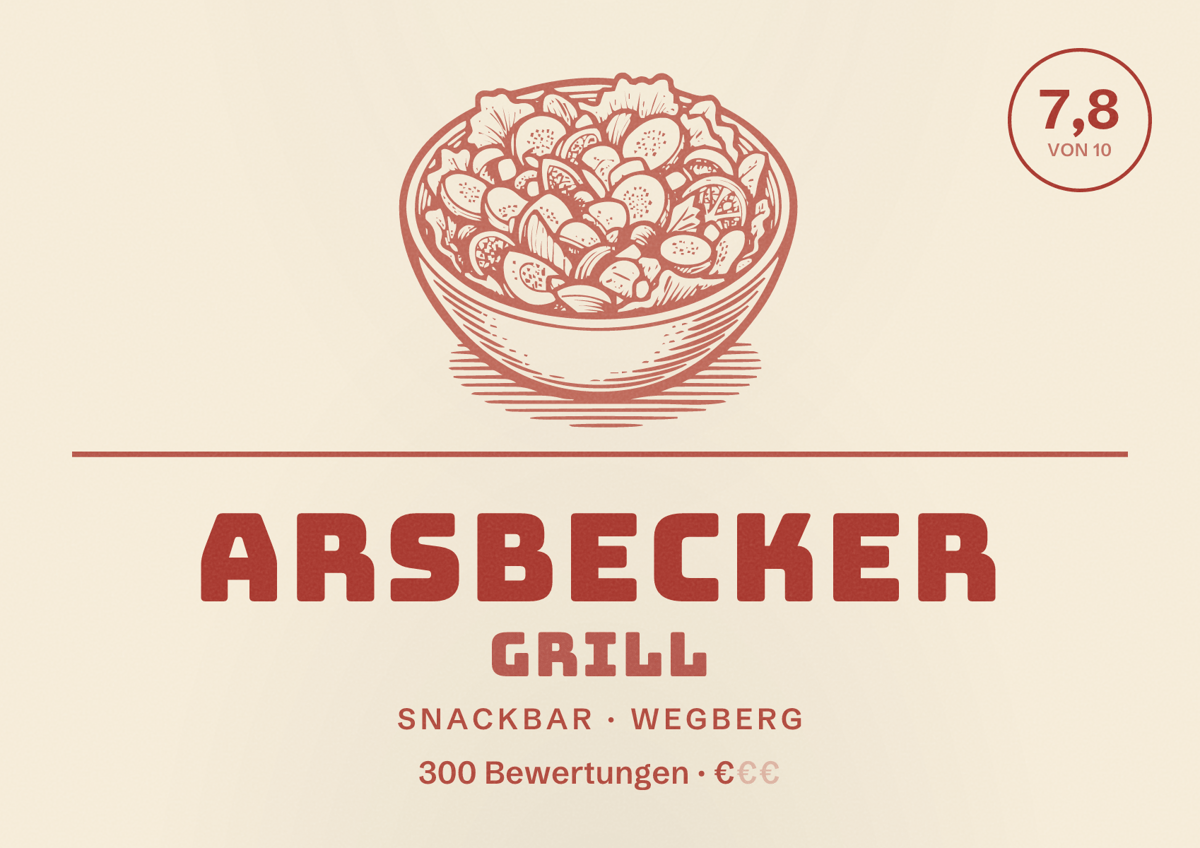 Illustriertes Poster von Arsbecker Grill, Snackbar in Wegberg: Bewertung 7,8 von 10 aus 300 Bewertungen, Preisniveau €
