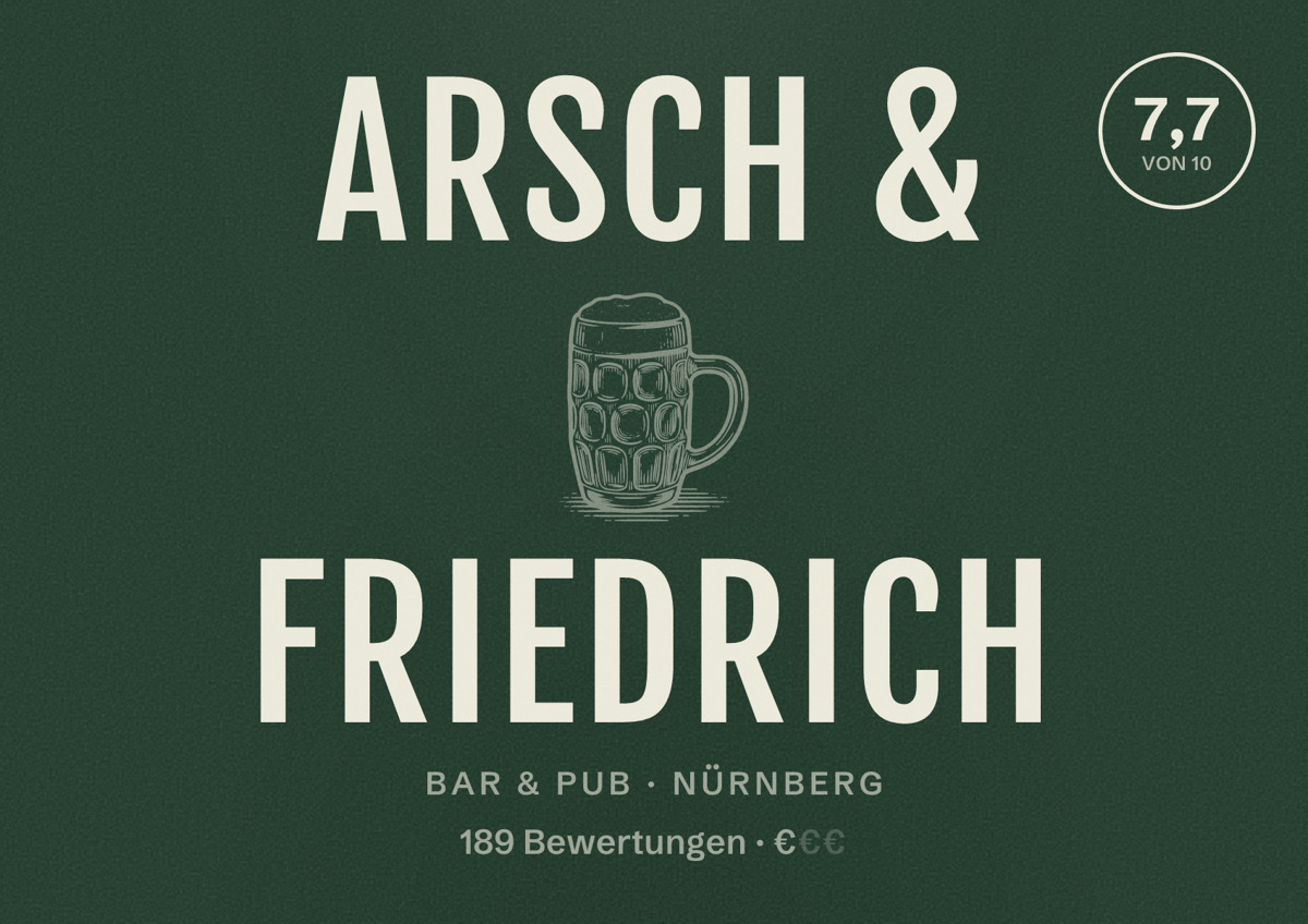 Illustriertes Poster von Arsch & Friedrich, Bar & Pub in Nürnberg: Bewertung 7,7 von 10 aus 189 Bewertungen, Preisniveau €