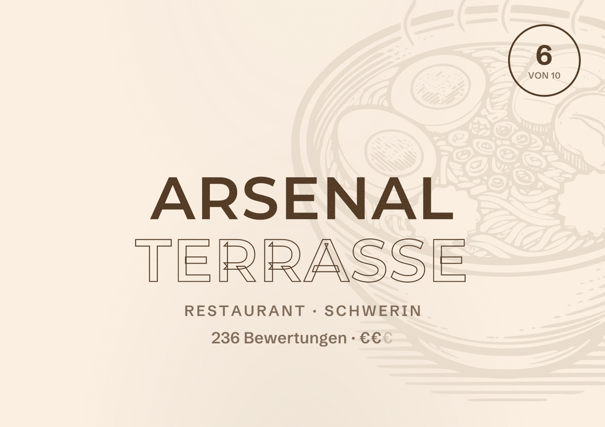 Illustriertes Poster von Arsenal Terrasse, Restaurant in Schwerin: Bewertung 6 von 10 aus 236 Bewertungen, Preisniveau €€