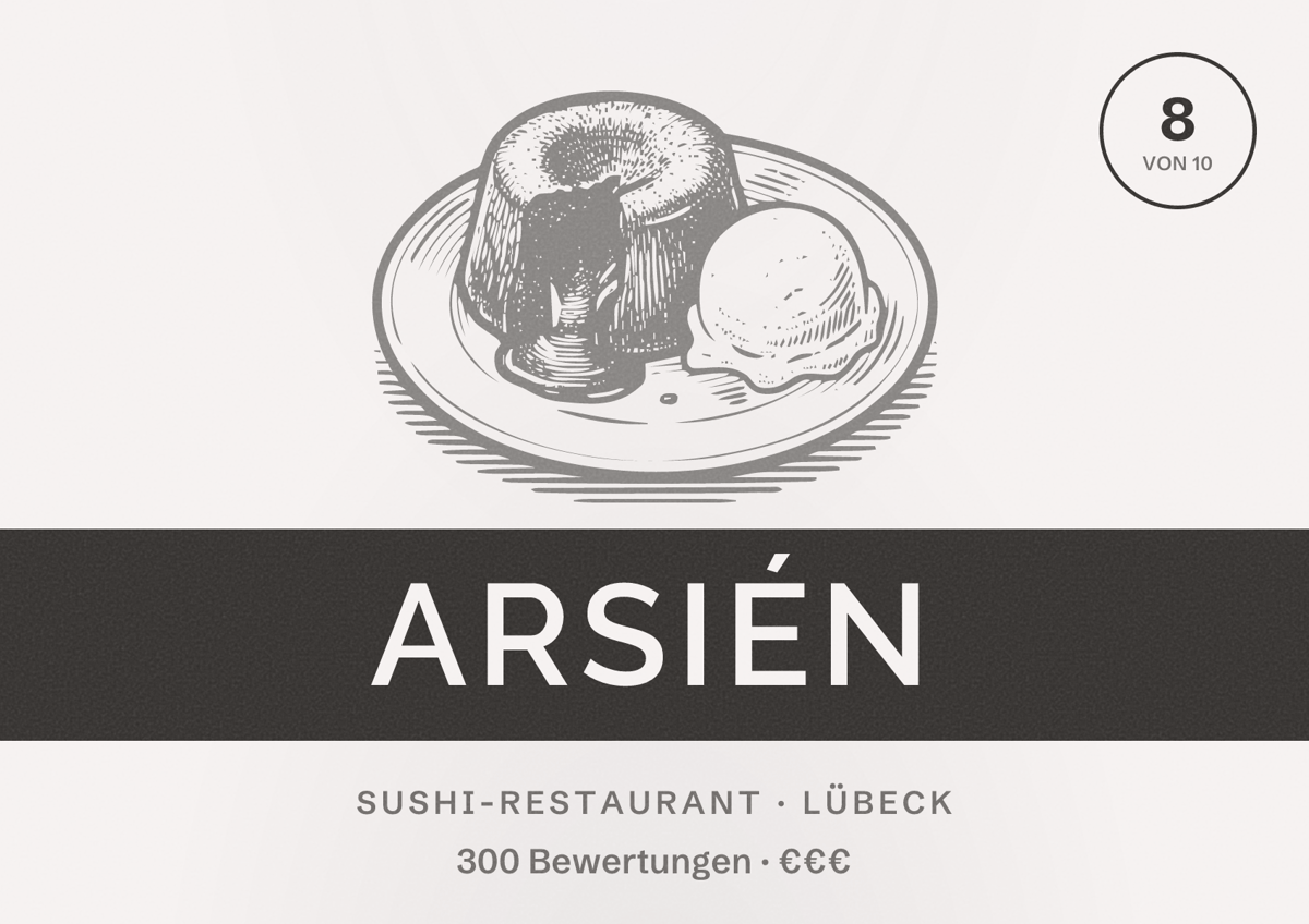 Illustriertes Poster von arsién, Sushi-Restaurant in Lübeck: Bewertung 8 von 10 aus 300 Bewertungen, Preisniveau €€€