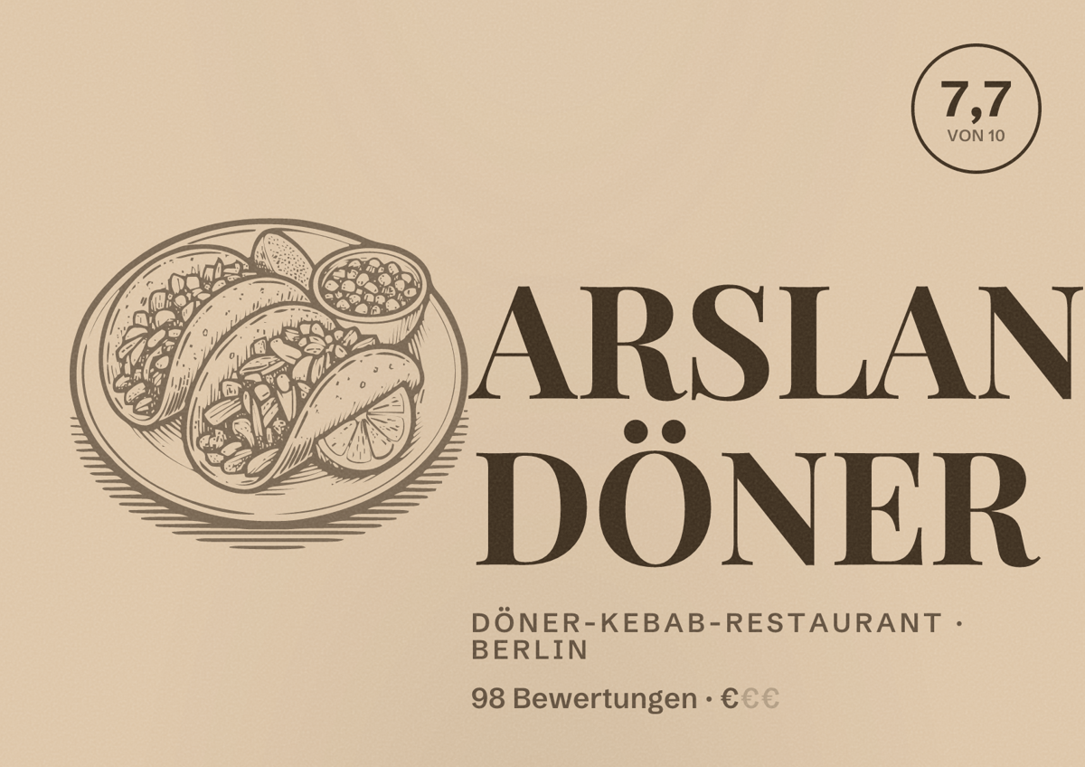Illustriertes Poster von ARSLAN DÖNER, Döner-Kebab-Restaurant in Berlin: Bewertung 7,7 von 10 aus 98 Bewertungen, Preisniveau €