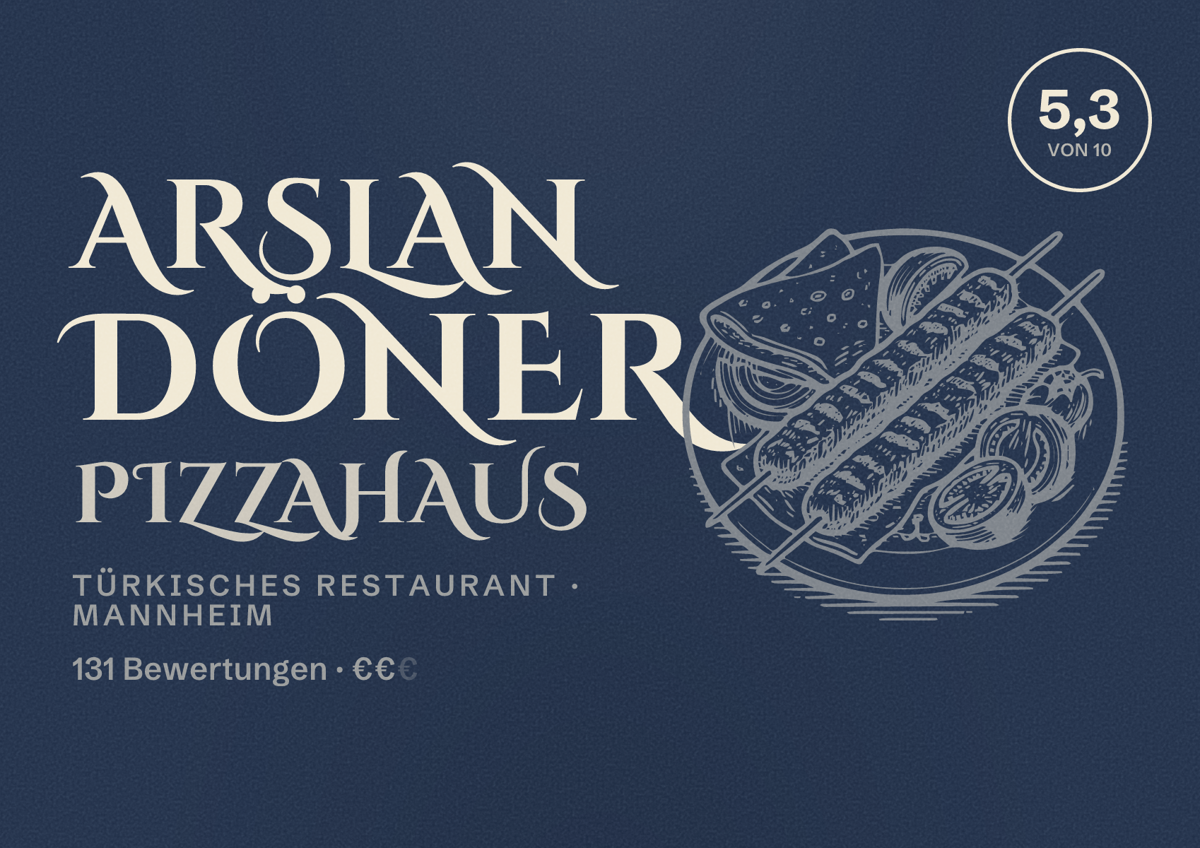 Illustriertes Poster von Arslan Döner Pizzahaus, Türkisches Restaurant in Mannheim: Bewertung 5,3 von 10 aus 131 Bewertungen, Preisniveau €€