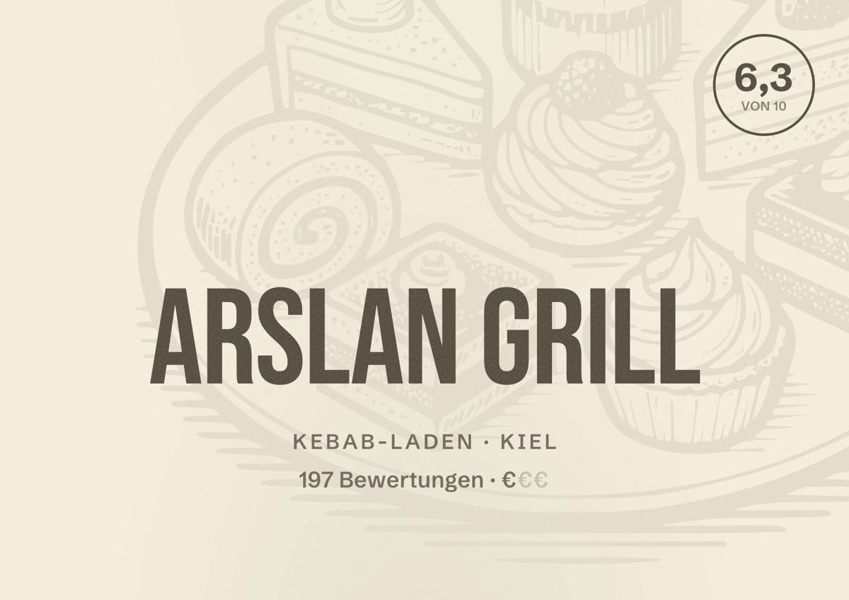 Illustriertes Poster von Arslan Grill, Kebab-Laden in Kiel: Bewertung 6,3 von 10 aus 197 Bewertungen, Preisniveau €