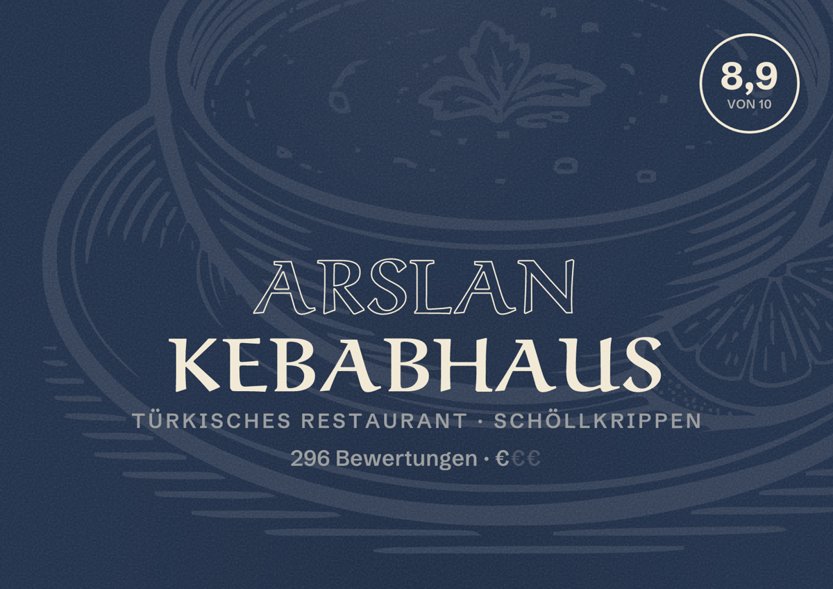 Illustriertes Poster von Arslan Kebabhaus, Türkisches Restaurant in Schöllkrippen: Bewertung 8,9 von 10 aus 296 Bewertungen, Preisniveau €
