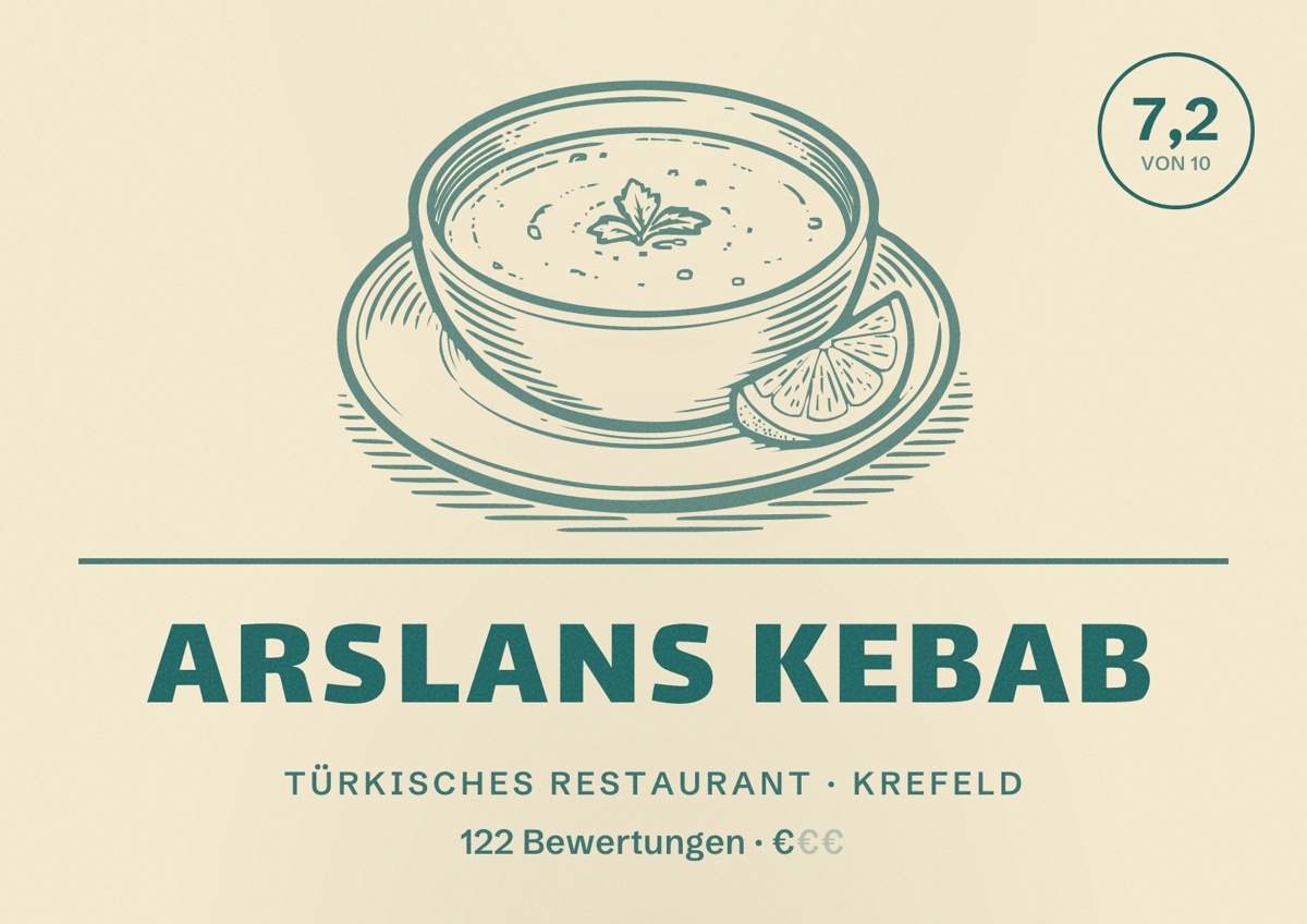 Illustriertes Poster von Arslans Kebab, Türkisches Restaurant in Krefeld: Bewertung 7,2 von 10 aus 122 Bewertungen, Preisniveau €
