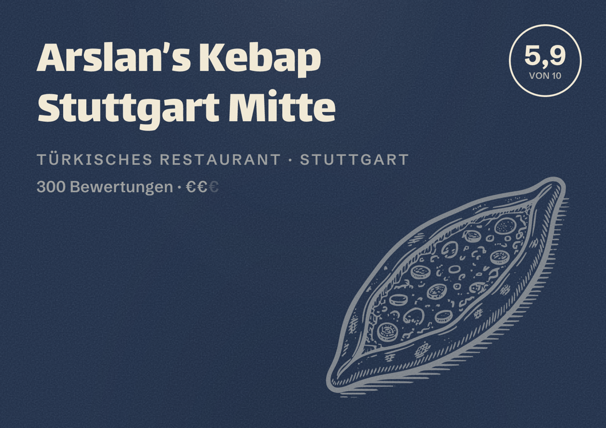 Illustriertes Poster von Arslan’s Kebap Stuttgart Mitte, Türkisches Restaurant in Stuttgart: Bewertung 5,9 von 10 aus 300 Bewertungen, Preisniveau €€
