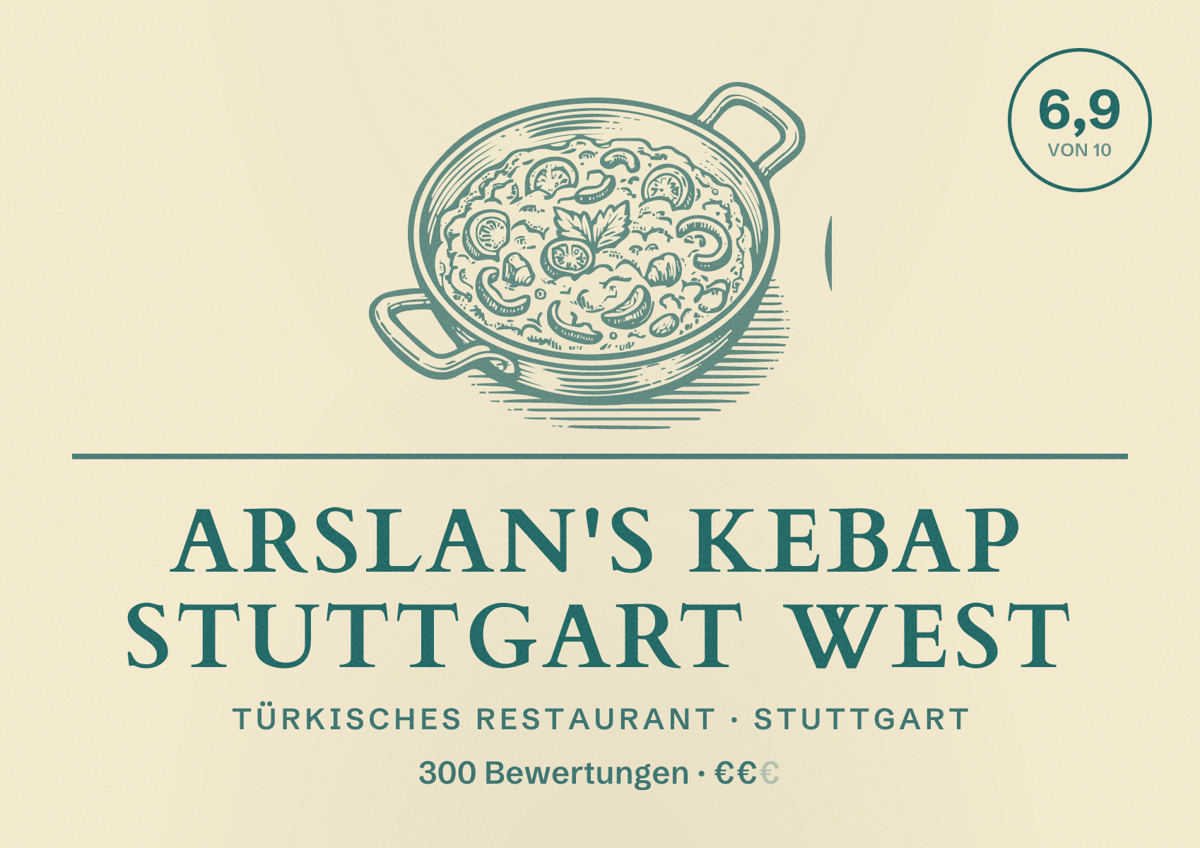 Illustriertes Poster von Arslan's Kebap Stuttgart West, Türkisches Restaurant in Stuttgart: Bewertung 6,9 von 10 aus 300 Bewertungen, Preisniveau €€
