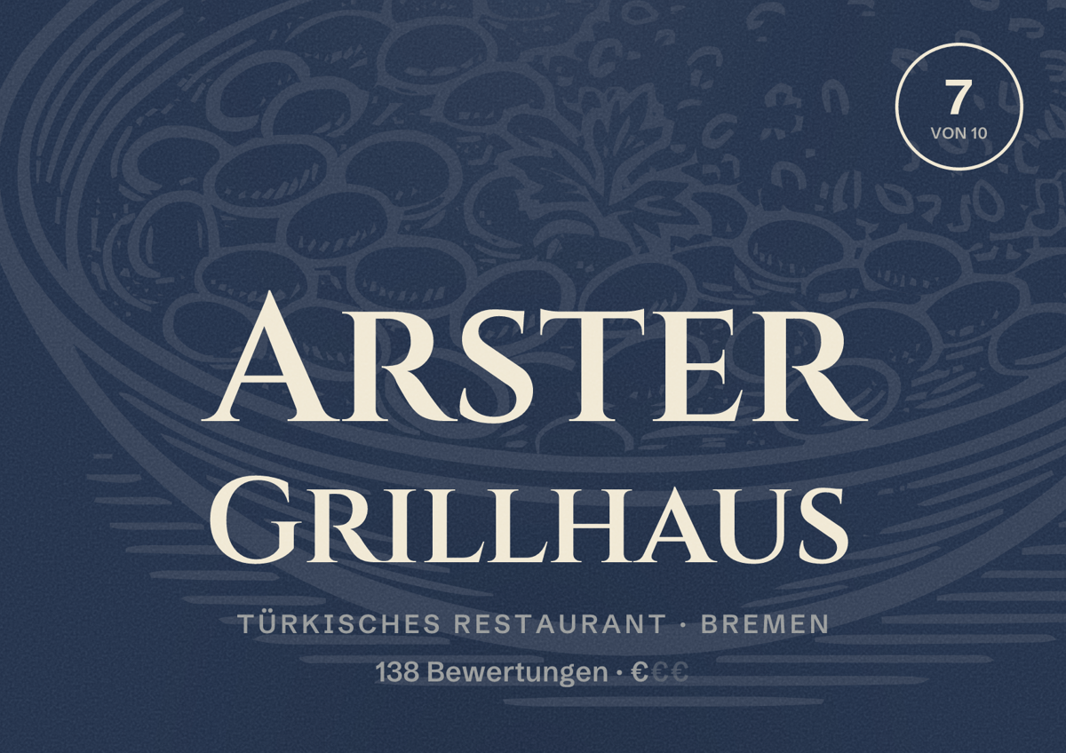 Illustriertes Poster von Arster Grillhaus, Türkisches Restaurant in Bremen: Bewertung 7 von 10 aus 138 Bewertungen, Preisniveau €