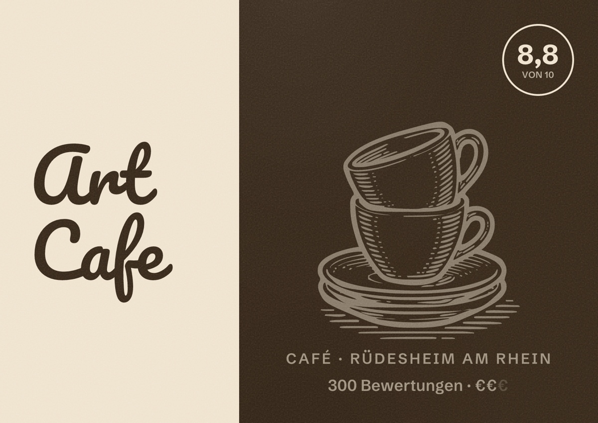 Illustriertes Poster von Art Cafe, Café in Rüdesheim am Rhein: Bewertung 8,8 von 10 aus 300 Bewertungen, Preisniveau €€