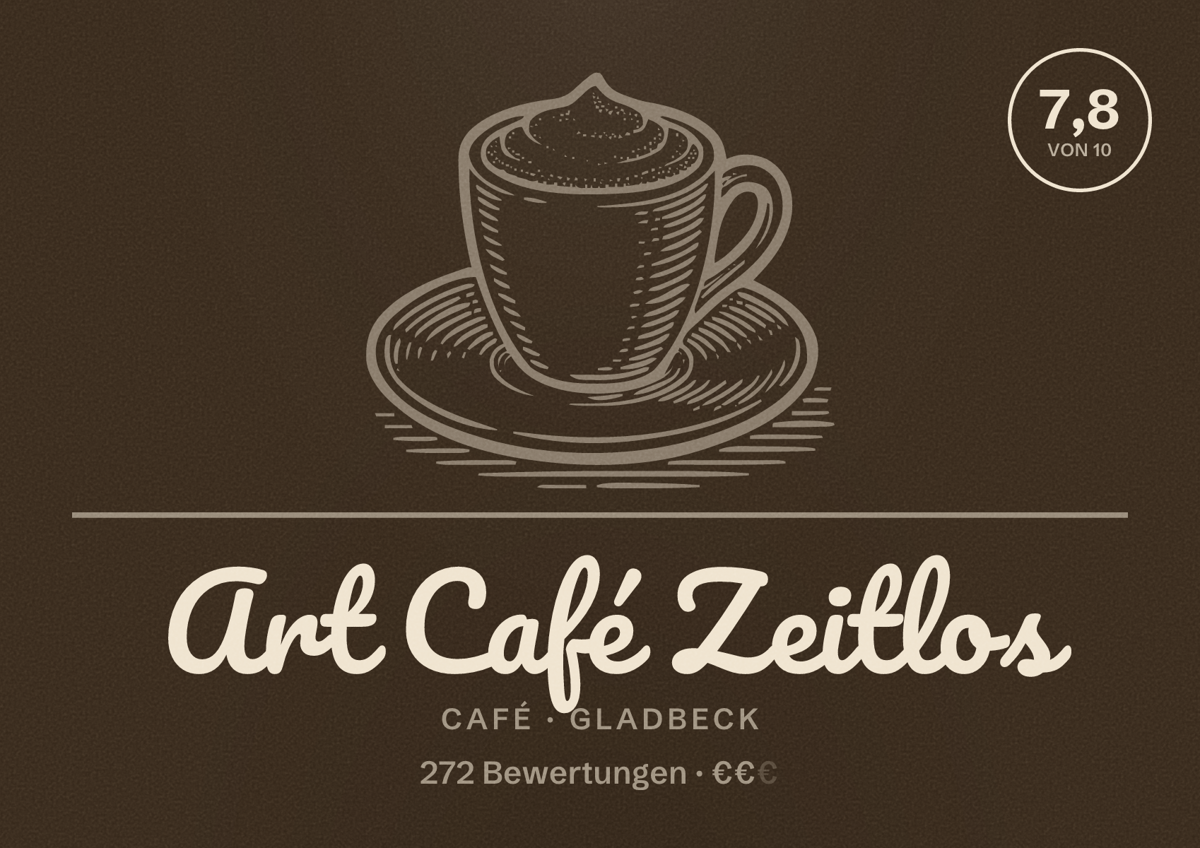 Illustriertes Poster von Art Café Zeitlos, Café in Gladbeck: Bewertung 7,8 von 10 aus 272 Bewertungen, Preisniveau €€