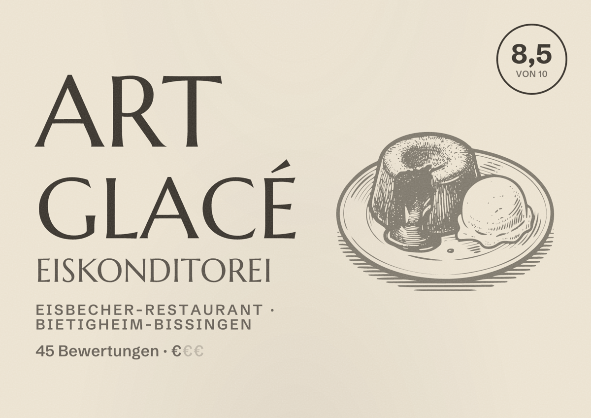 Illustriertes Poster von Art Glacé Eiskonditorei, Eisbecher-Restaurant in Bietigheim-Bissingen: Bewertung 8,5 von 10 aus 45 Bewertungen, Preisniveau €