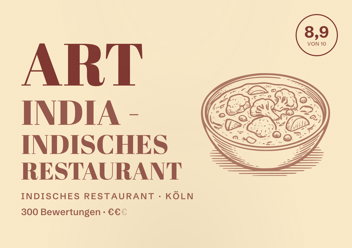Illustriertes Poster von Art India - Indisches Restaurant, Indisches Restaurant in Köln: Bewertung 8,9 von 10 aus 300 Bewertungen, Preisniveau €€