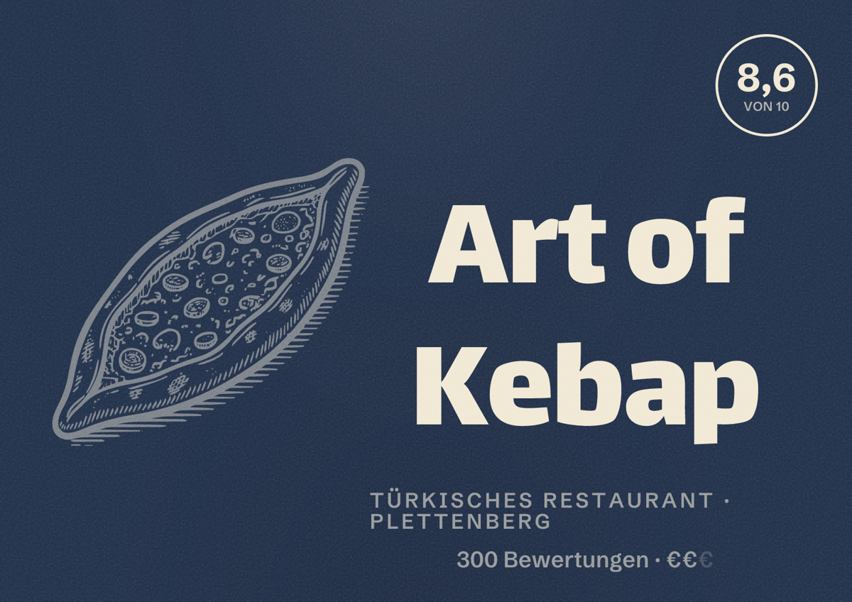 Illustriertes Poster von Art of Kebap, Türkisches Restaurant in Plettenberg: Bewertung 8,6 von 10 aus 300 Bewertungen, Preisniveau €€