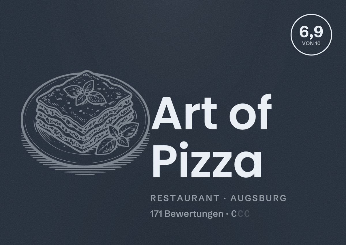 Illustriertes Poster von Art of Pizza, Restaurant in Augsburg: Bewertung 6,9 von 10 aus 171 Bewertungen, Preisniveau €
