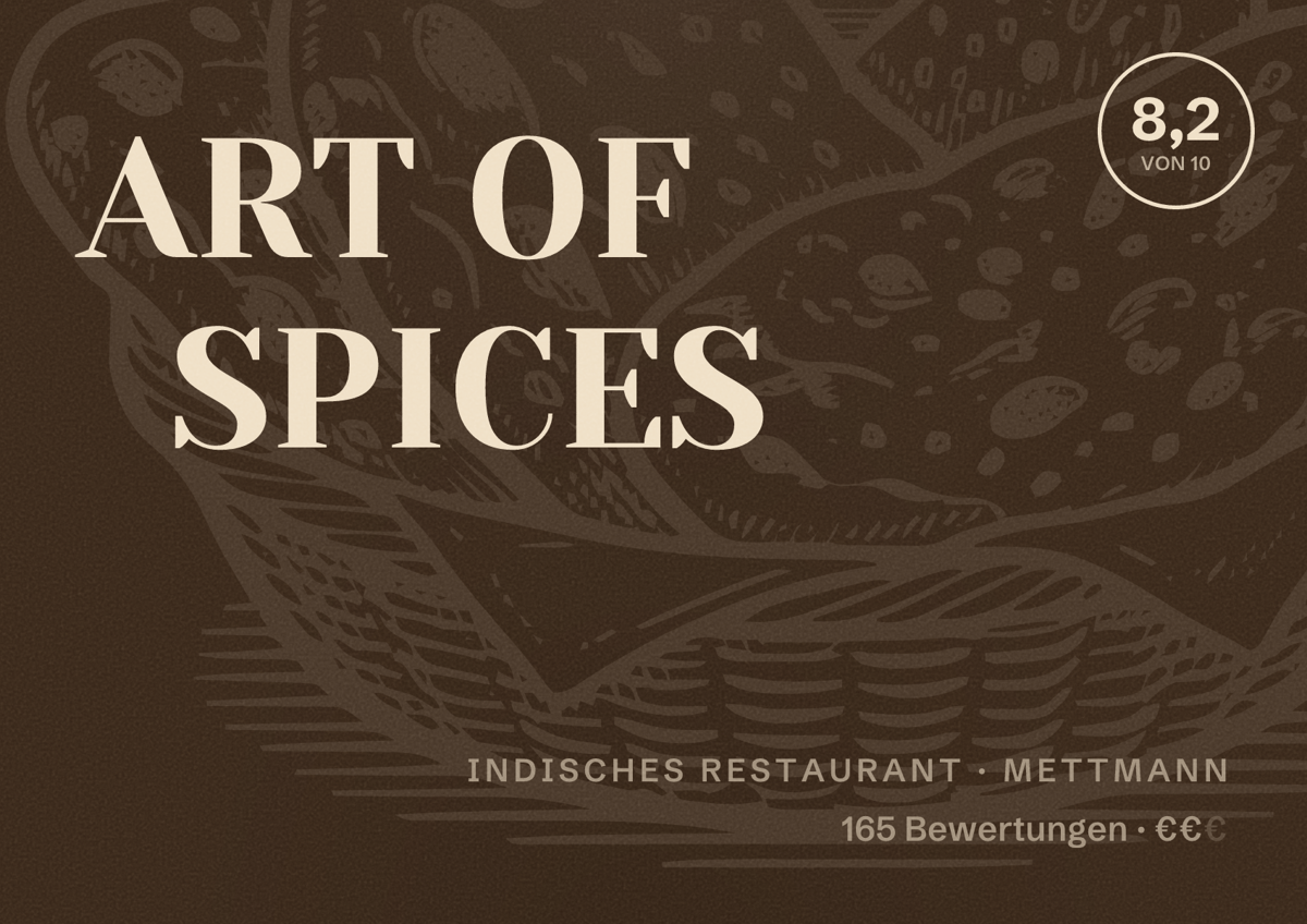 Illustriertes Poster von ART OF SPICES, Indisches Restaurant in Mettmann: Bewertung 8,2 von 10 aus 165 Bewertungen, Preisniveau €€