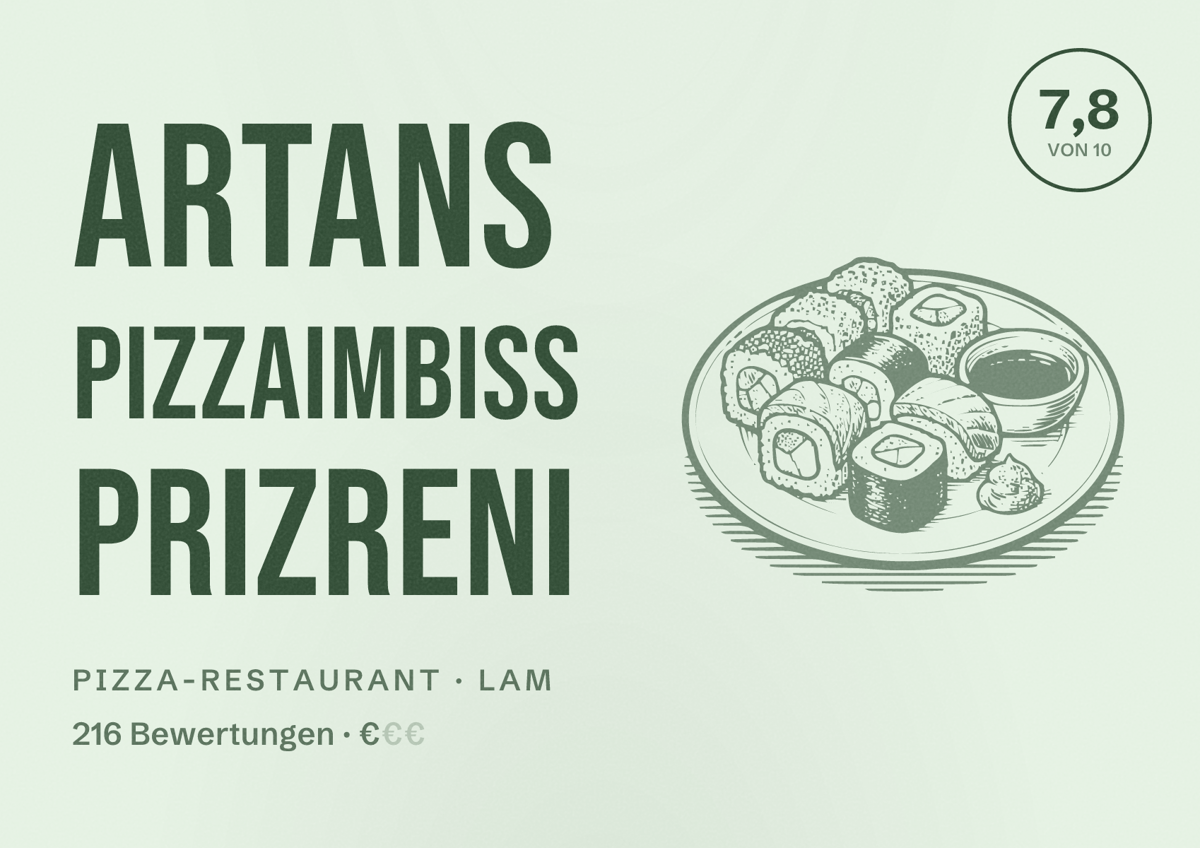 Illustriertes Poster von Artans Pizzaimbiss Prizreni, Pizza-Restaurant in Lam: Bewertung 7,8 von 10 aus 216 Bewertungen, Preisniveau €