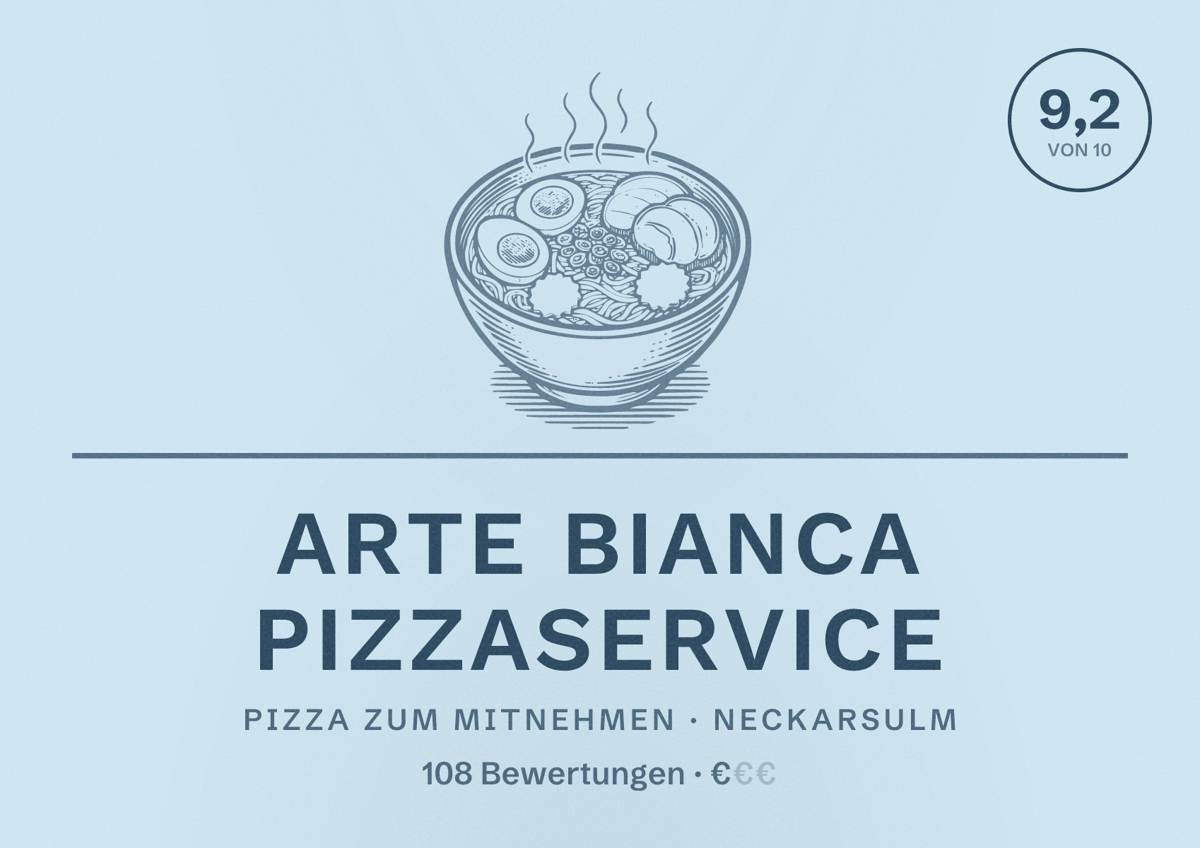 Illustriertes Poster von Arte Bianca Pizzaservice, Pizza zum Mitnehmen in Neckarsulm: Bewertung 9,2 von 10 aus 108 Bewertungen, Preisniveau €