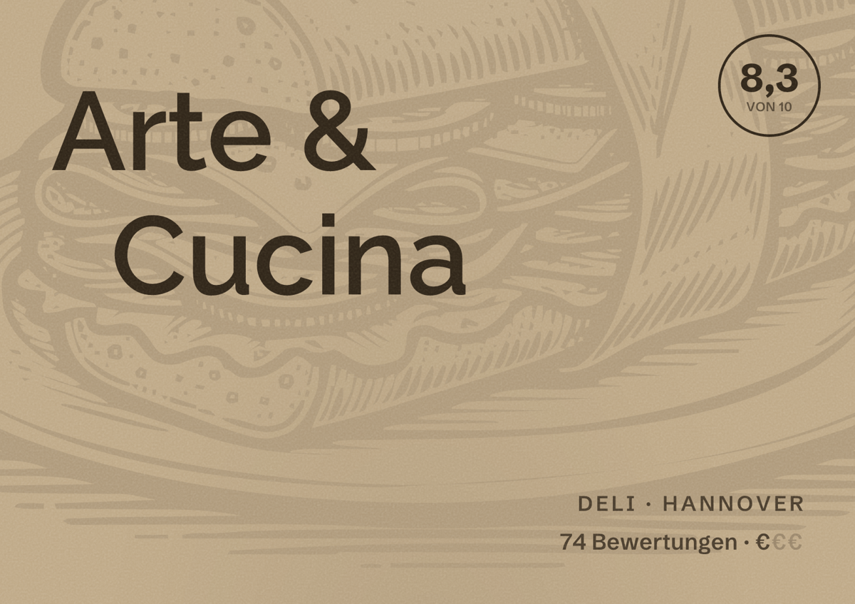 Illustriertes Poster von Arte & Cucina, Deli in Hannover: Bewertung 8,3 von 10 aus 74 Bewertungen, Preisniveau €