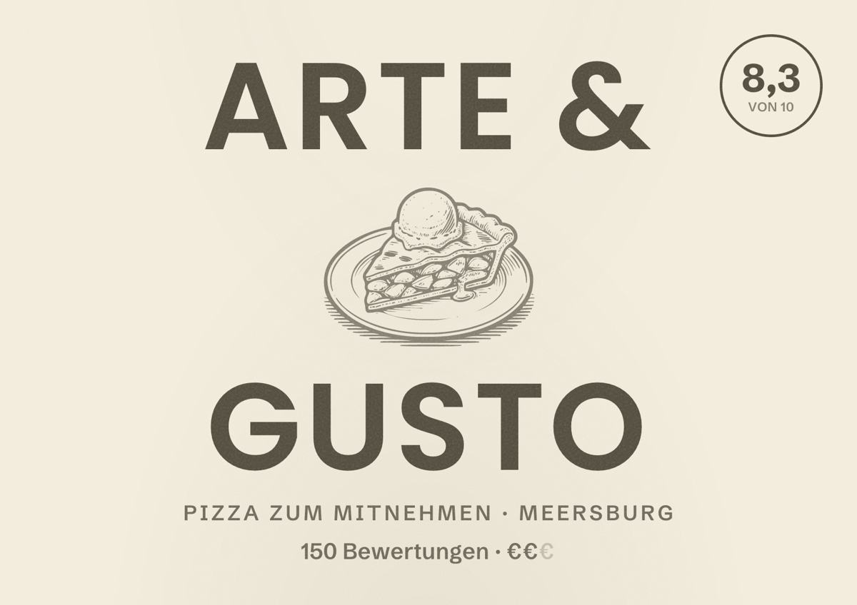 Illustriertes Poster von Arte & Gusto, Pizza zum Mitnehmen in Meersburg: Bewertung 8,3 von 10 aus 150 Bewertungen, Preisniveau €€