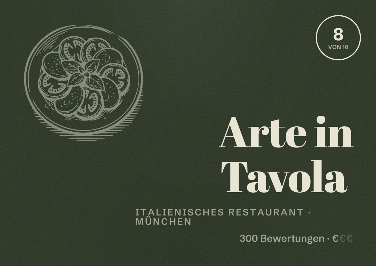 Illustriertes Poster von Arte in Tavola, Italienisches Restaurant in München: Bewertung 8,0 von 10 aus 300 Bewertungen, Preisniveau €