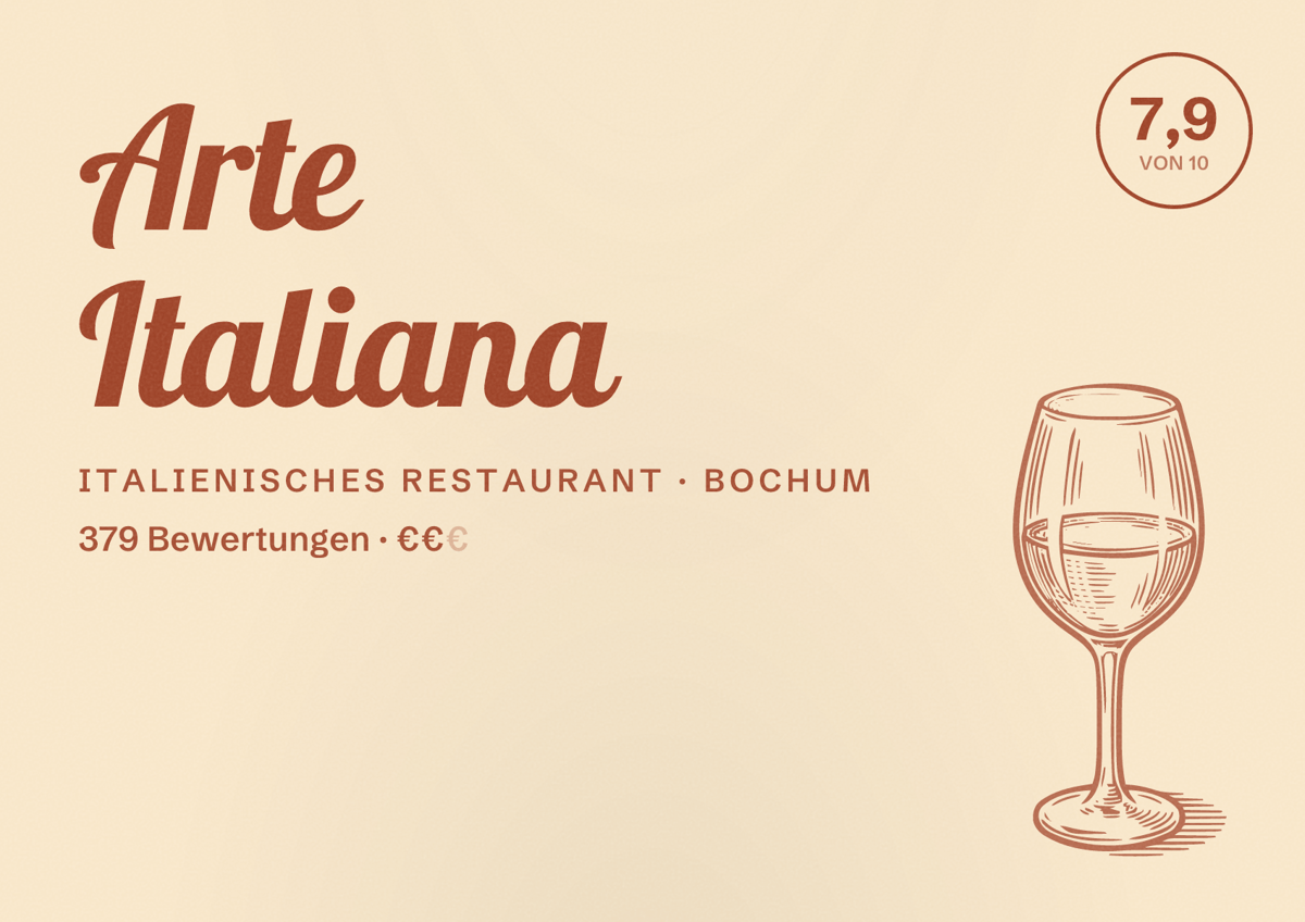 Illustriertes Poster von Arte Italiana, Italienisches Restaurant in Bochum: Bewertung 7,9 von 10 aus 379 Bewertungen, Preisniveau €€
