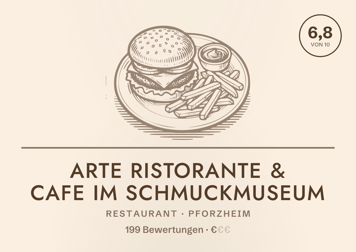 Illustriertes Poster von Arte Ristorante & Cafe im Schmuckmuseum, Restaurant in Pforzheim: Bewertung 6,8 von 10 aus 199 Bewertungen, Preisniveau €