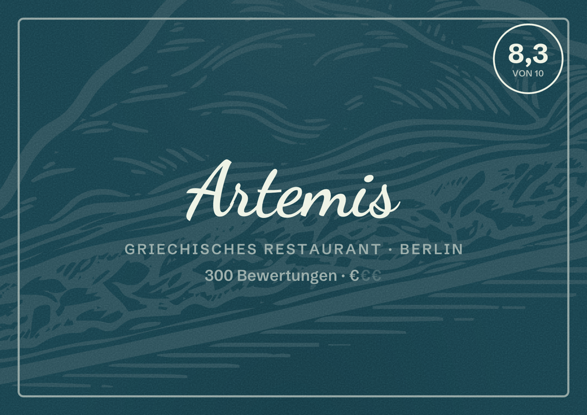 Illustriertes Poster von Artemis, Griechisches Restaurant in Berlin: Bewertung 8,3 von 10 aus 300 Bewertungen, Preisniveau €