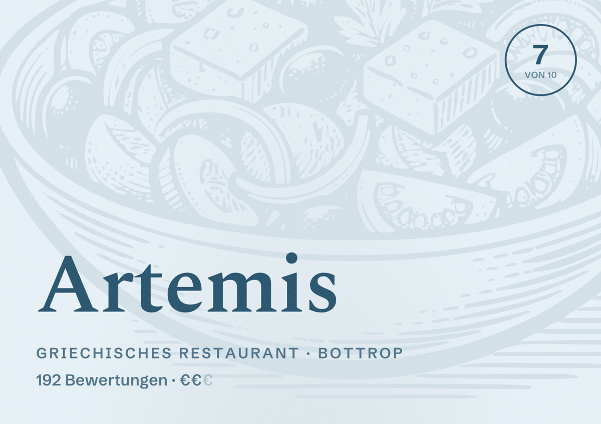 Illustriertes Poster von Artemis, Griechisches Restaurant in Bottrop: Bewertung 7,0 von 10 aus 192 Bewertungen, Preisniveau €€
