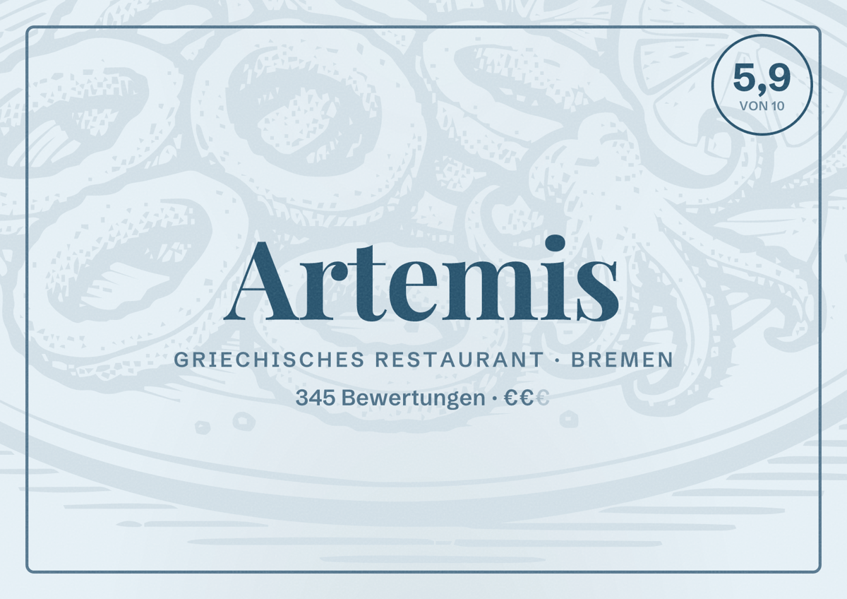 Illustriertes Poster von Artemis, Griechisches Restaurant in Bremen: Bewertung 5,9 von 10 aus 345 Bewertungen, Preisniveau €€