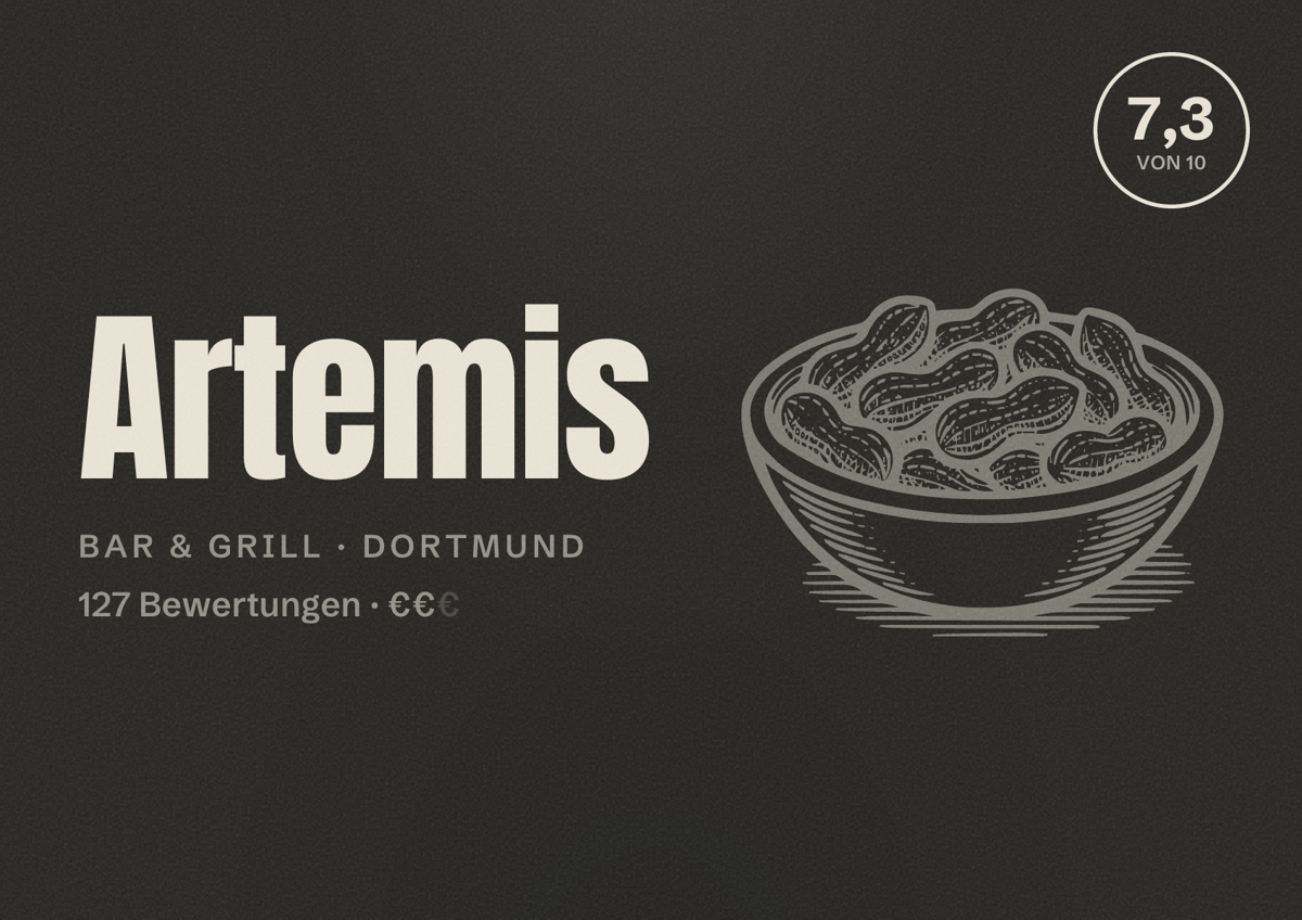 Illustriertes Poster von Artemis, Bar & Grill in Dortmund: Bewertung 7,3 von 10 aus 127 Bewertungen, Preisniveau €€