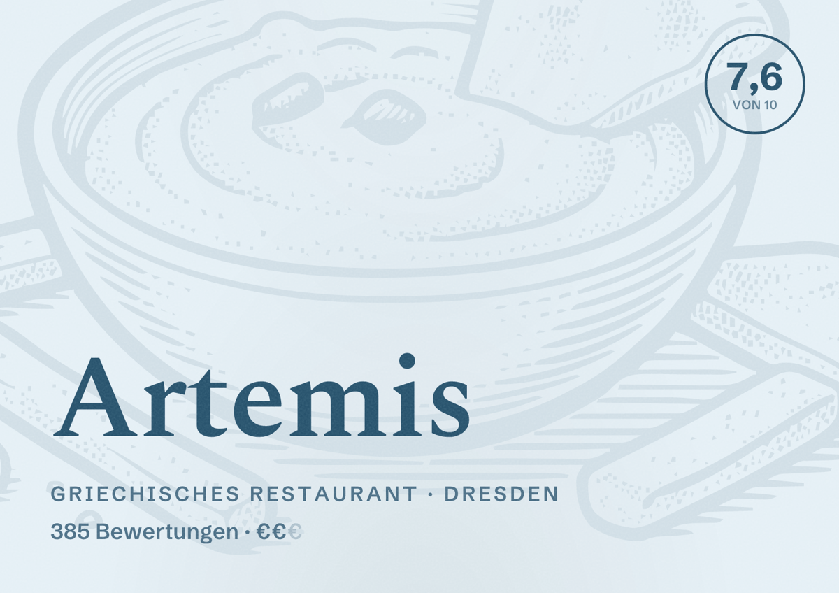 Illustriertes Poster von Artemis, Griechisches Restaurant in Dresden: Bewertung 7,6 von 10 aus 385 Bewertungen, Preisniveau €€