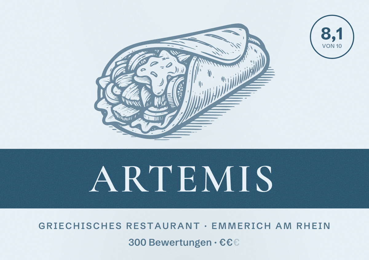 Illustriertes Poster von Artemis, Griechisches Restaurant in Emmerich am Rhein: Bewertung 8,1 von 10 aus 300 Bewertungen, Preisniveau €€