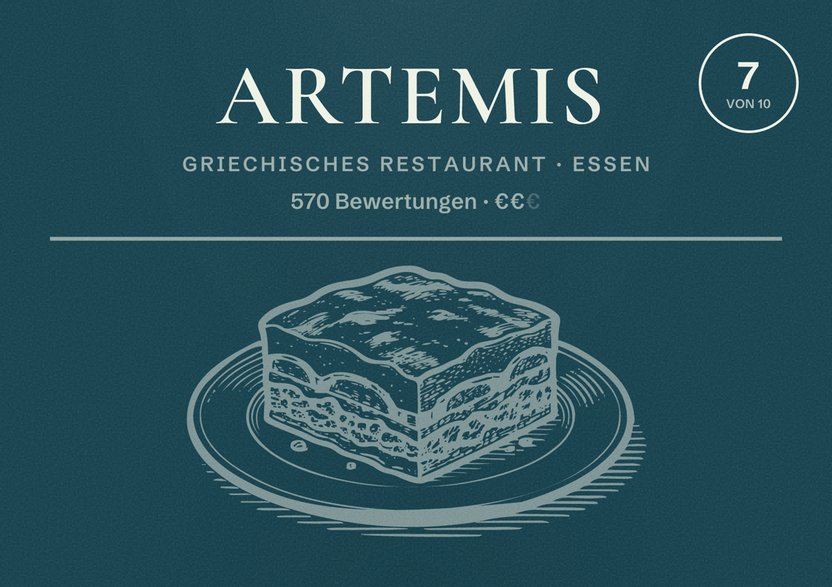 Illustriertes Poster von Artemis, Griechisches Restaurant in Essen: Bewertung 7 von 10 aus 570 Bewertungen, Preisniveau €€
