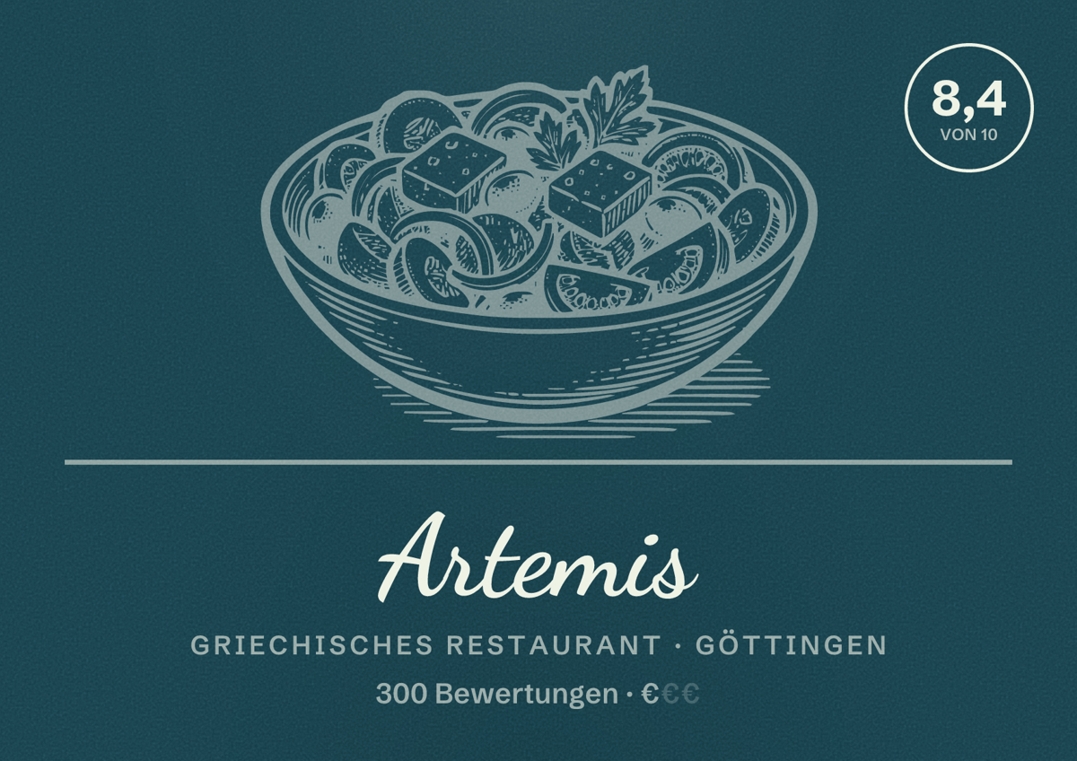 Illustriertes Poster von Artemis, Griechisches Restaurant in Göttingen: Bewertung 8,4 von 10 aus 300 Bewertungen, Preisniveau €