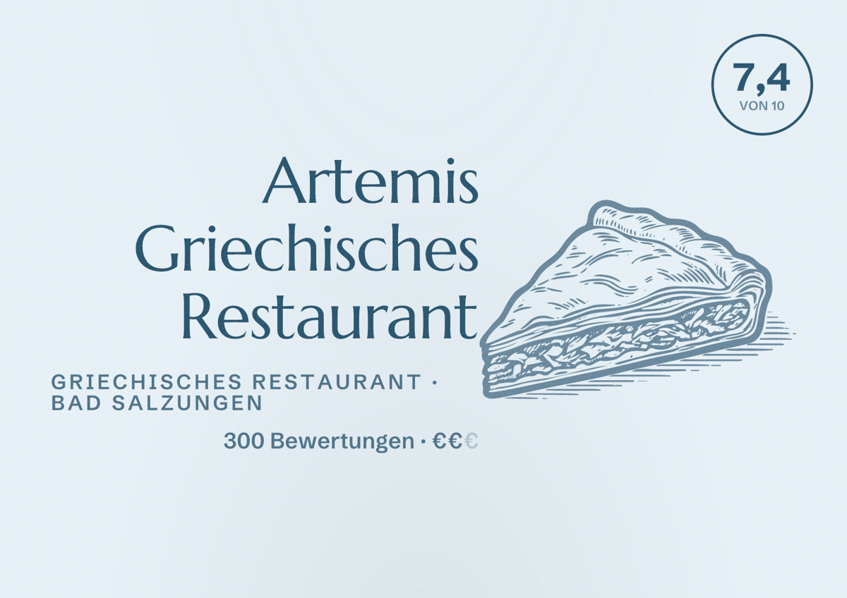 Illustriertes Poster von Artemis Griechisches Restaurant, Griechisches Restaurant in Bad Salzungen: Bewertung 7,4 von 10 aus 300 Bewertungen, Preisniveau €€