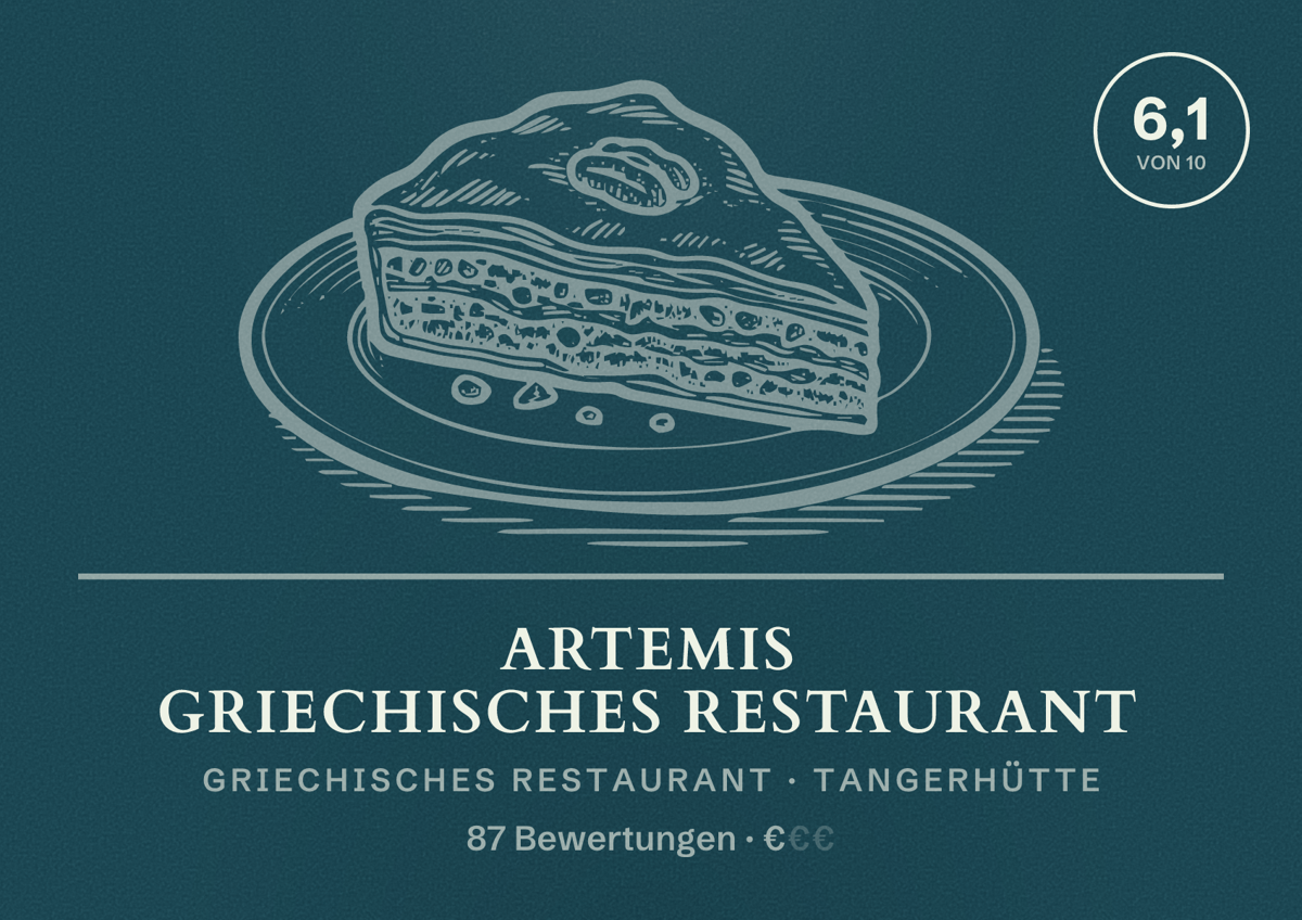 Illustriertes Poster von Artemis griechisches Restaurant, Griechisches Restaurant in Tangerhütte: Bewertung 6,1 von 10 aus 87 Bewertungen, Preisniveau €