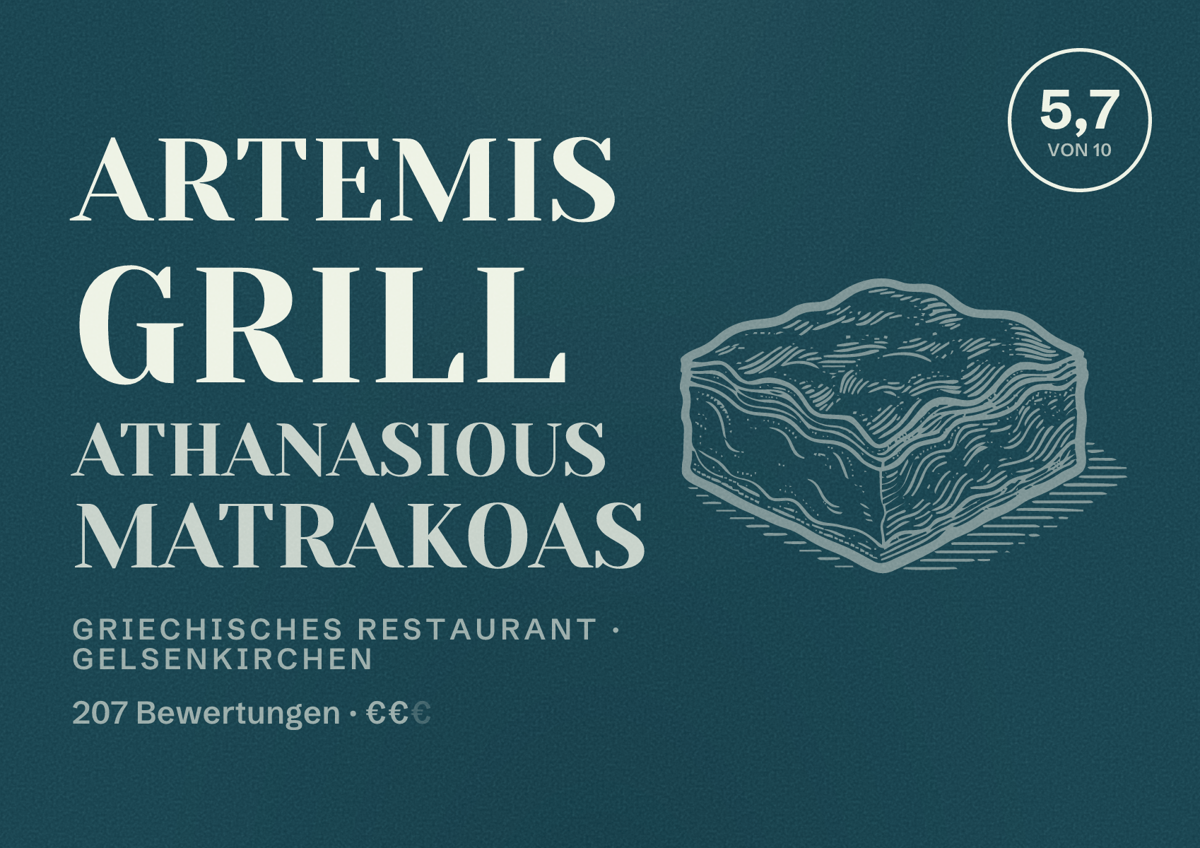 Illustriertes Poster von Artemis Grill Athanasious Matrakoas, Griechisches Restaurant in Gelsenkirchen: Bewertung 5,7 von 10 aus 207 Bewertungen, Preisniveau €€