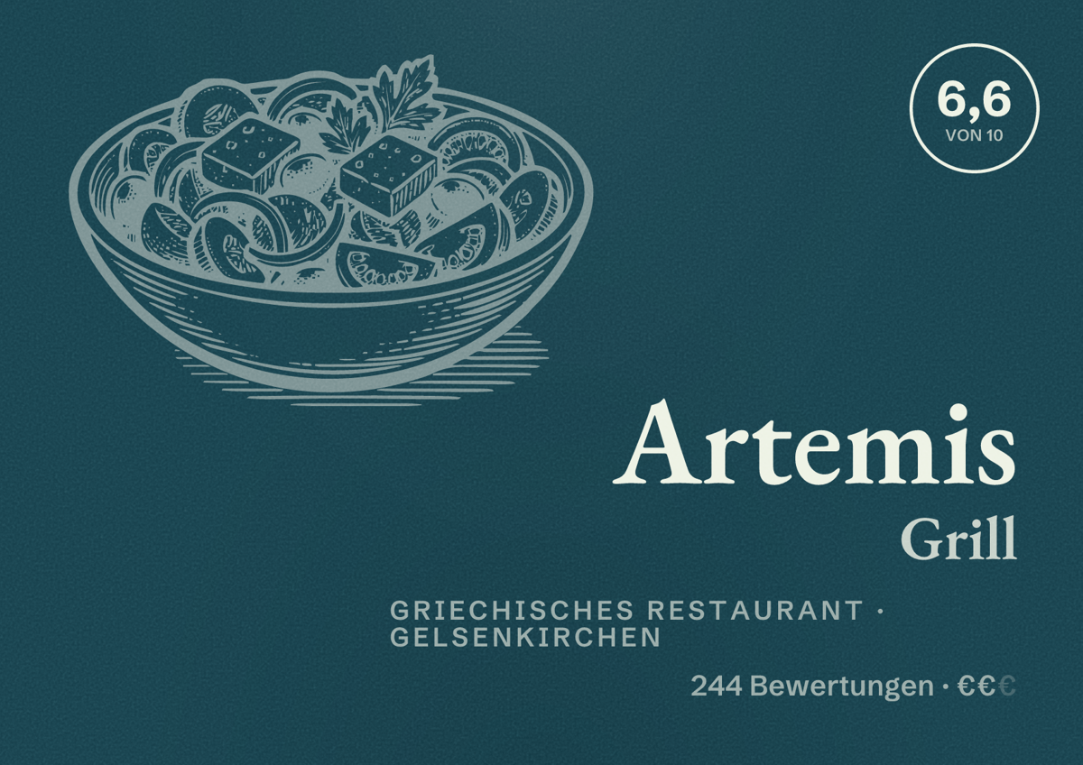 Illustriertes Poster von Artemis Grill, Griechisches Restaurant in Gelsenkirchen: Bewertung 6,6 von 10 aus 244 Bewertungen, Preisniveau €€
