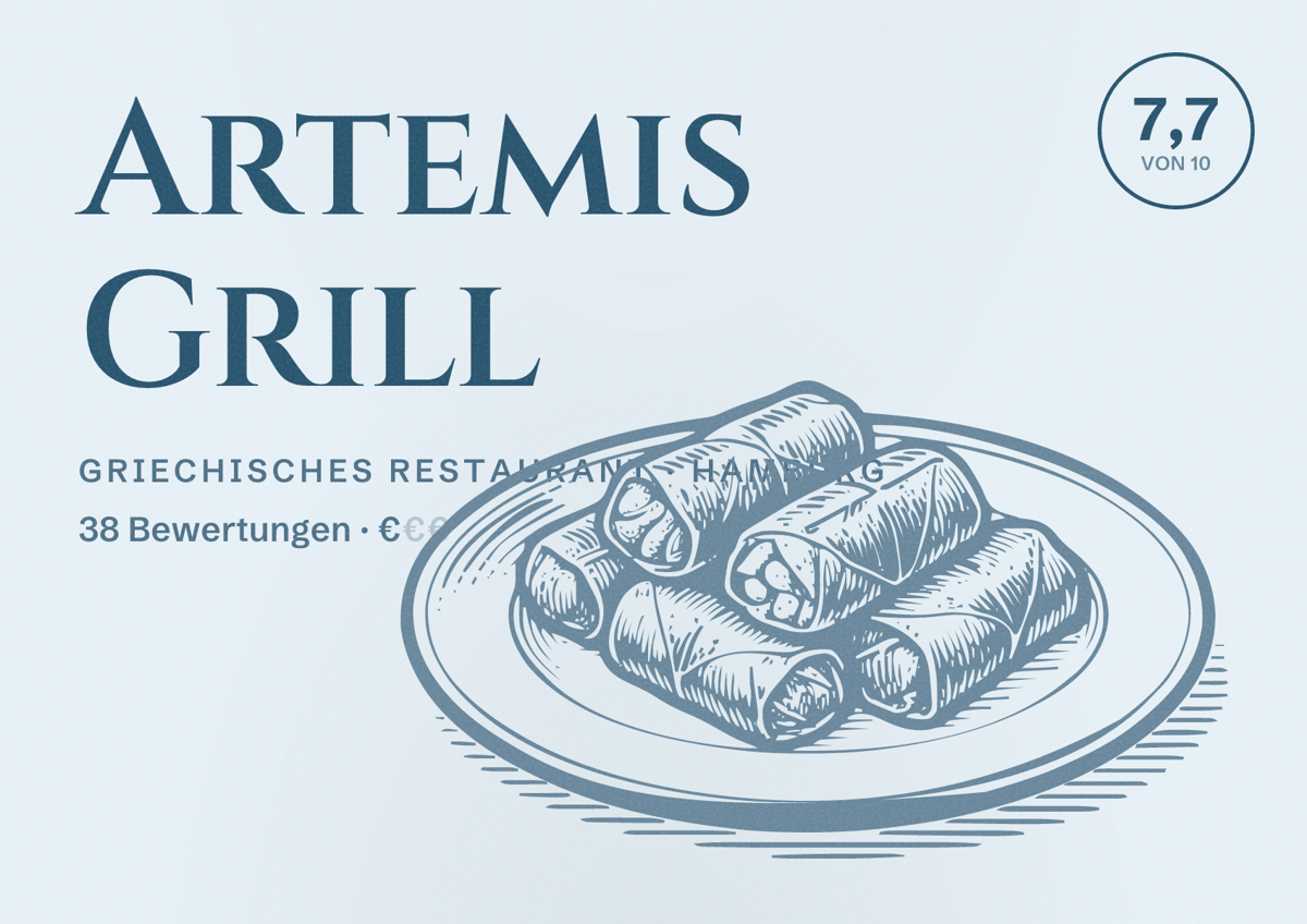Illustriertes Poster von Artemis Grill, Griechisches Restaurant in Hamburg: Bewertung 7,7 von 10 aus 38 Bewertungen, Preisniveau €