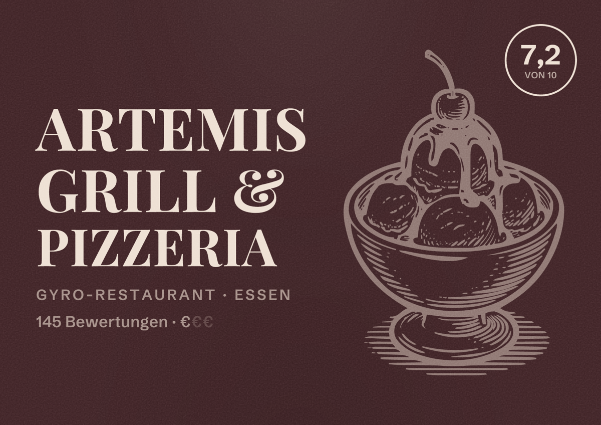 Illustriertes Poster von Artemis Grill & Pizzeria, Gyro-Restaurant in Essen: Bewertung 7,2 von 10 aus 145 Bewertungen, Preisniveau €