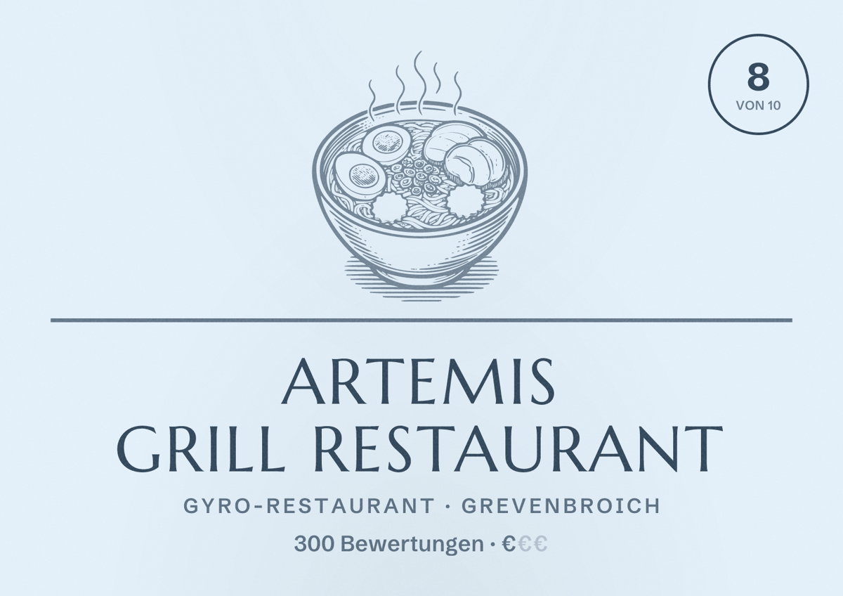 Illustriertes Poster von Artemis Grill Restaurant, Gyro-Restaurant in Grevenbroich: Bewertung 8 von 10 aus 300 Bewertungen, Preisniveau €